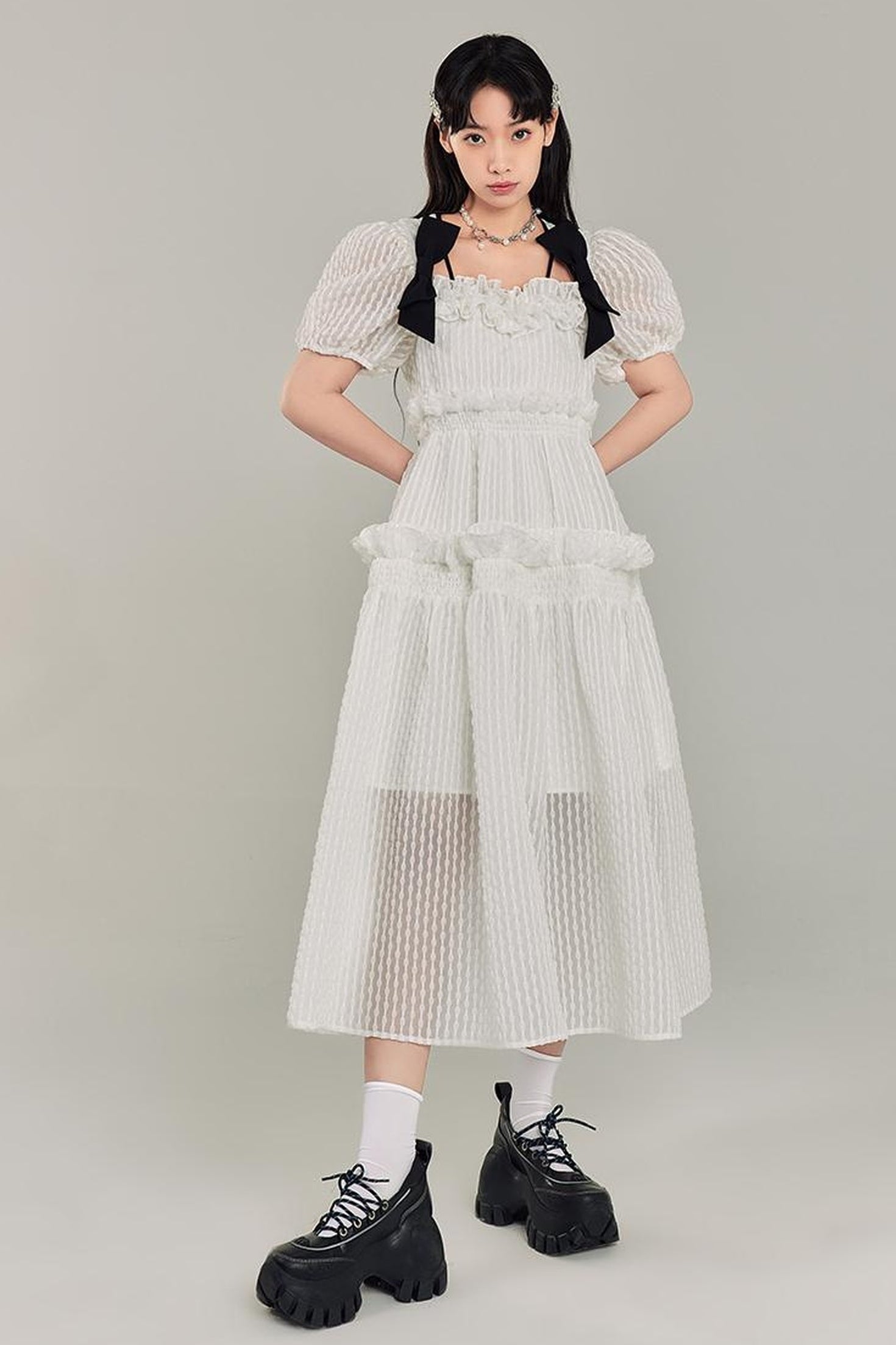 DIDDI MODA Bubble Sweetheart Bow Waist Maxi Dress