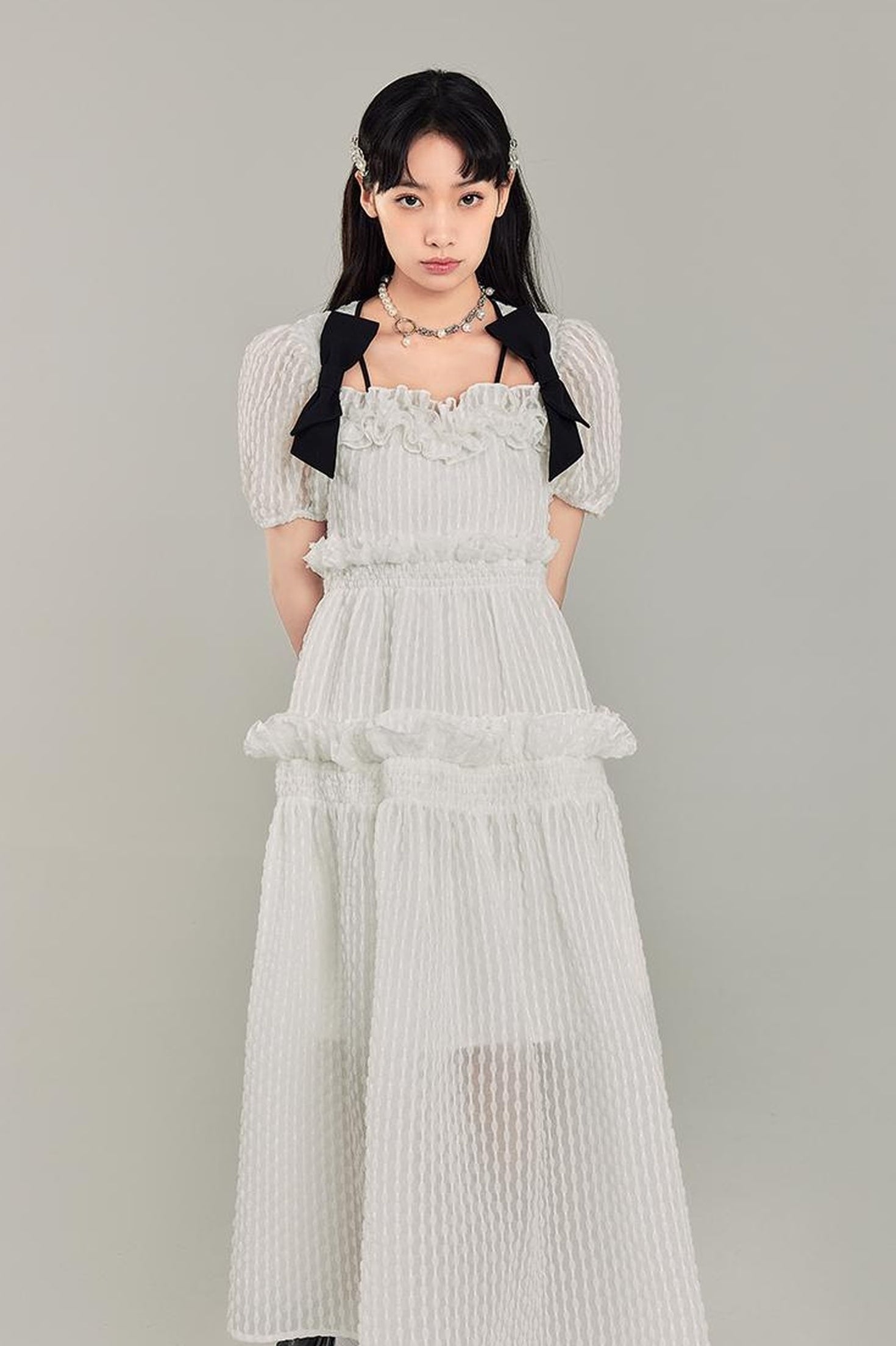 DIDDI MODA Bubble Sweetheart Bow Waist Maxi Dress