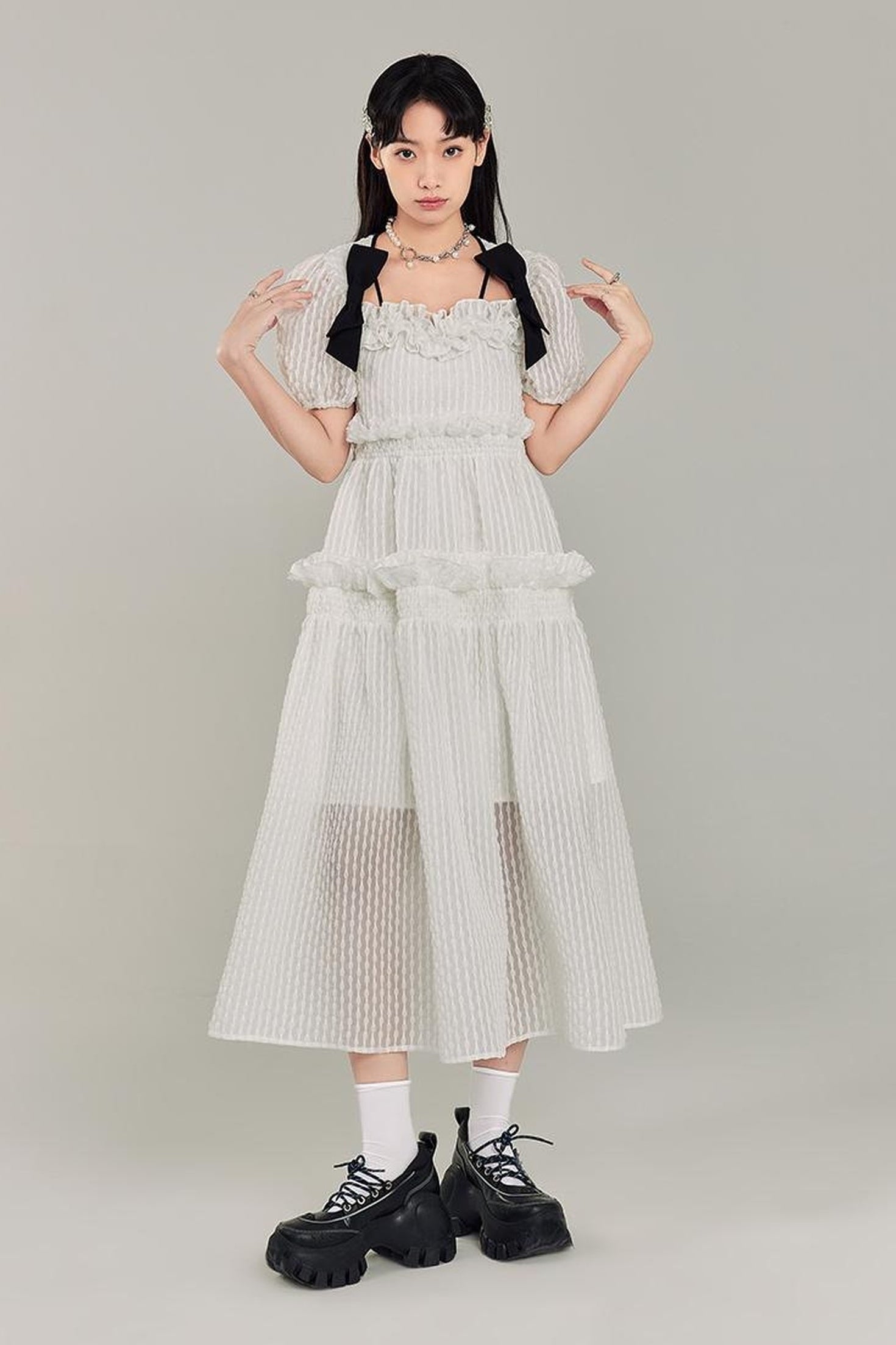 DIDDI MODA Bubble Sweetheart Bow Waist Maxi Dress