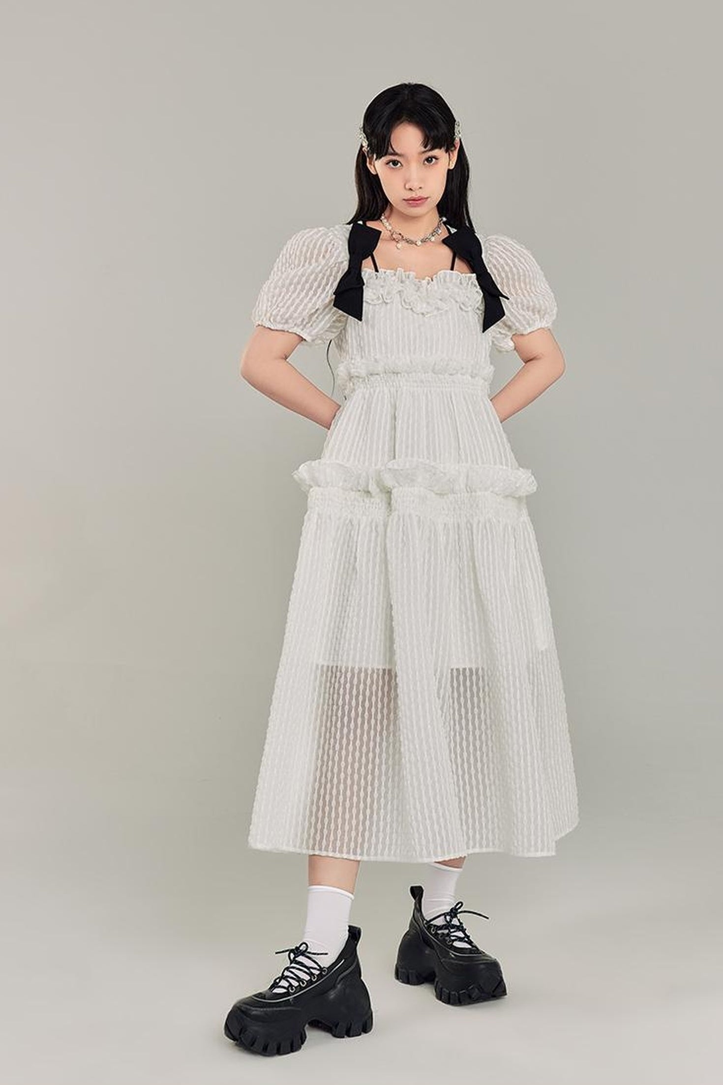 DIDDI MODA Bubble Sweetheart Bow Waist Maxi Dress
