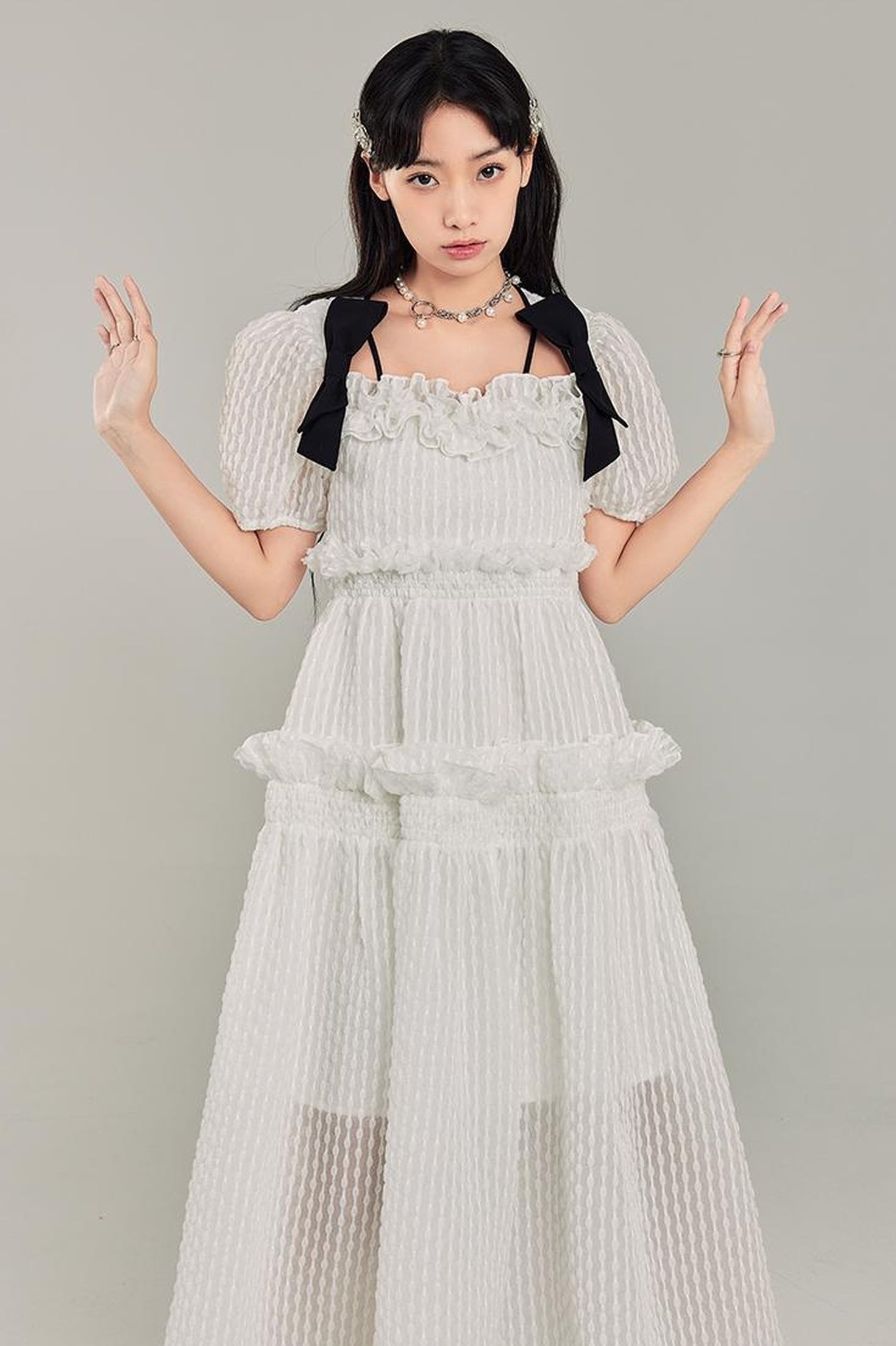DIDDI MODA Bubble Sweetheart Bow Waist Maxi Dress