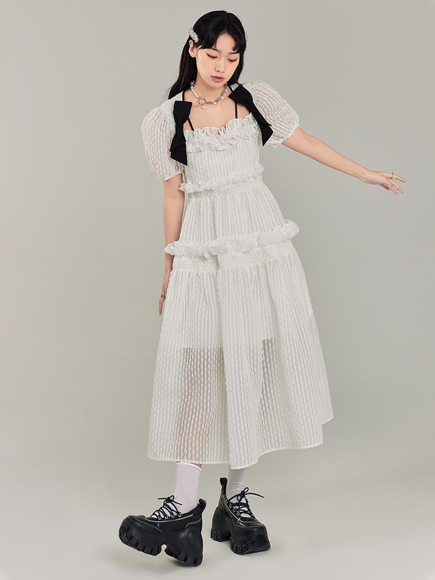 DIDDI MODA Bubble Sweetheart Bow Waist Maxi Dress