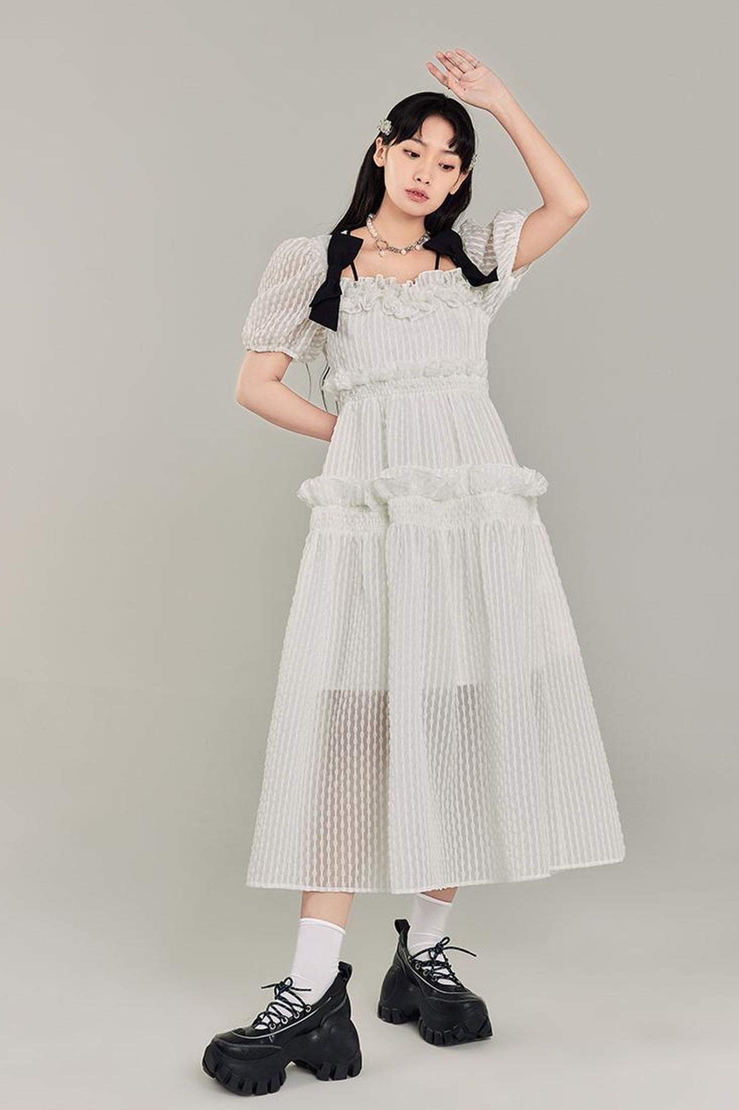 DIDDI MODA Bubble Sweetheart Bow Waist Maxi Dress