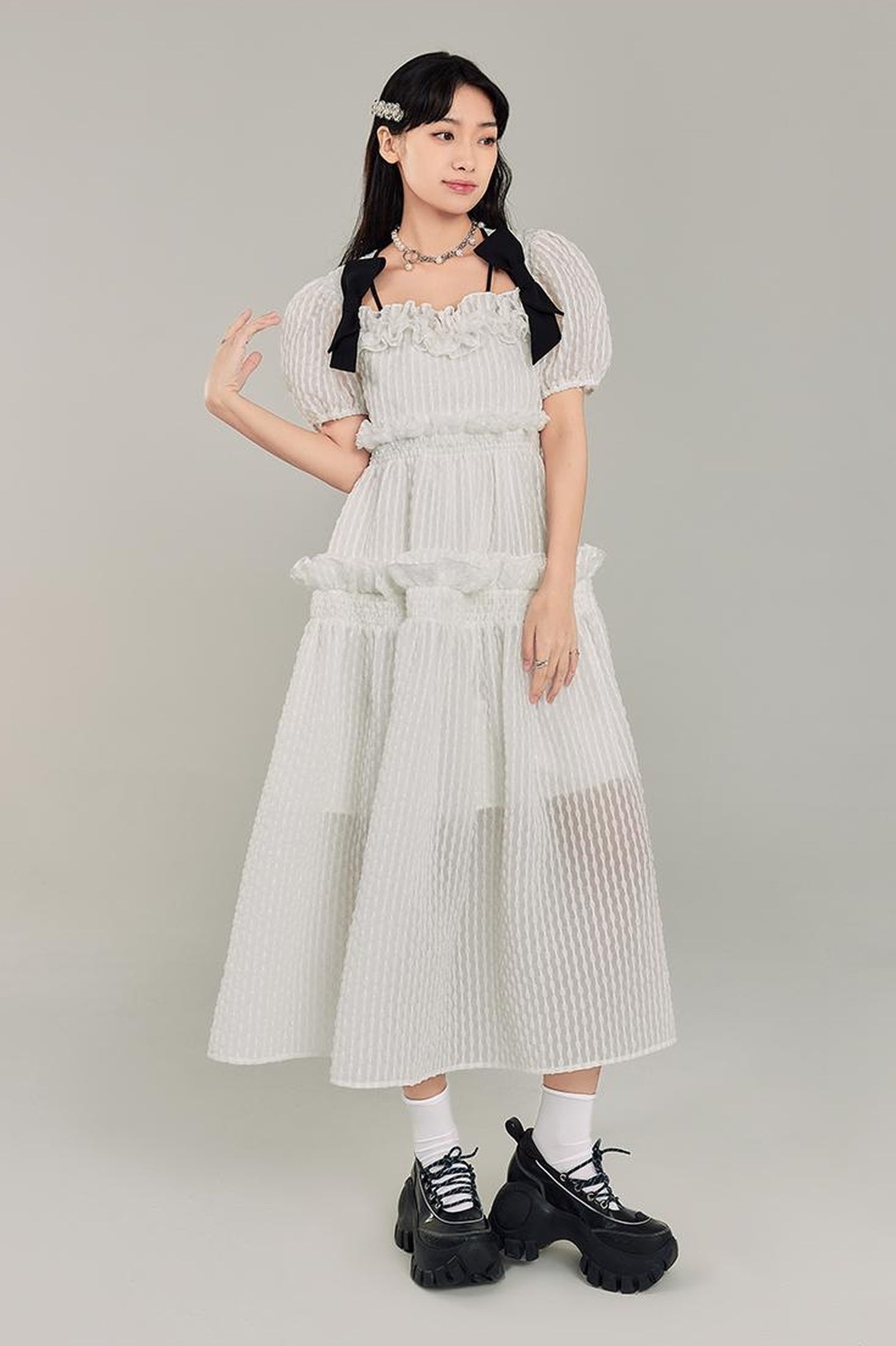 DIDDI MODA Bubble Sweetheart Bow Waist Maxi Dress
