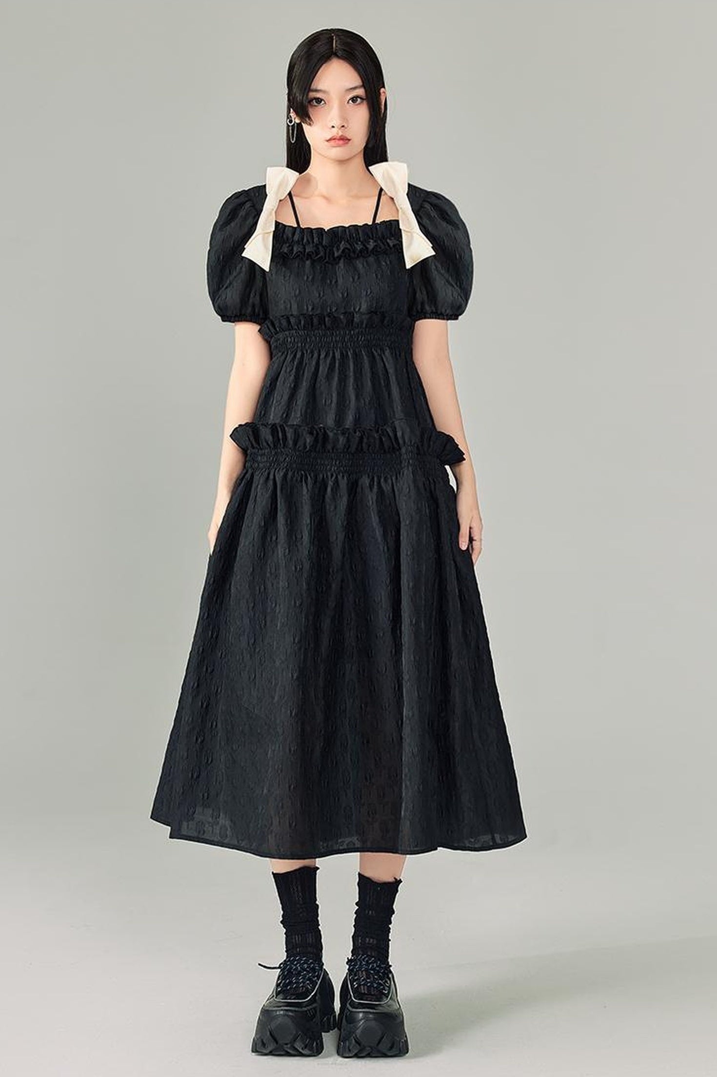 DIDDI MODA Bubble Sweetheart Bow Waist Maxi Dress