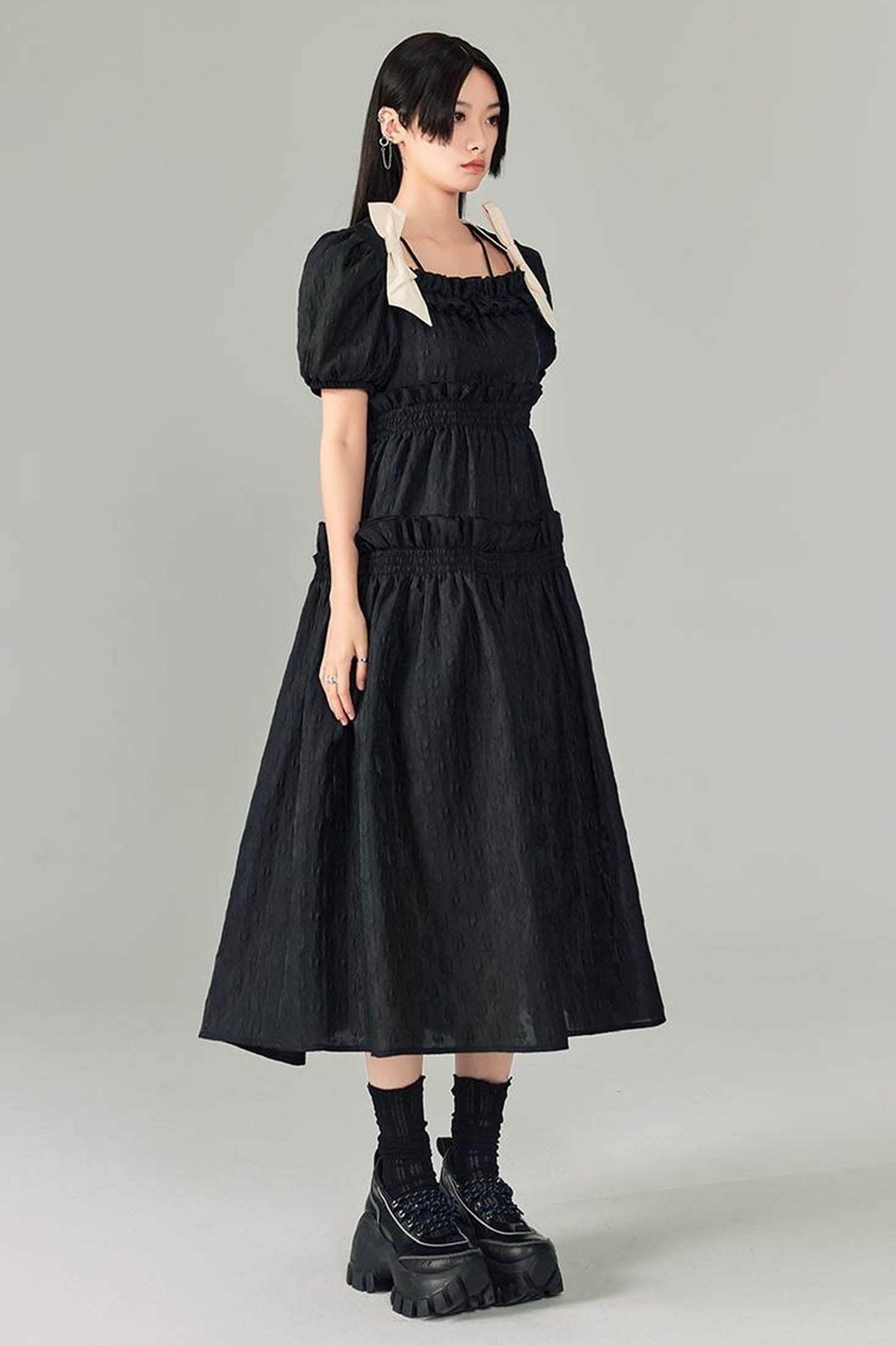 DIDDI MODA Bubble Sweetheart Bow Waist Maxi Dress