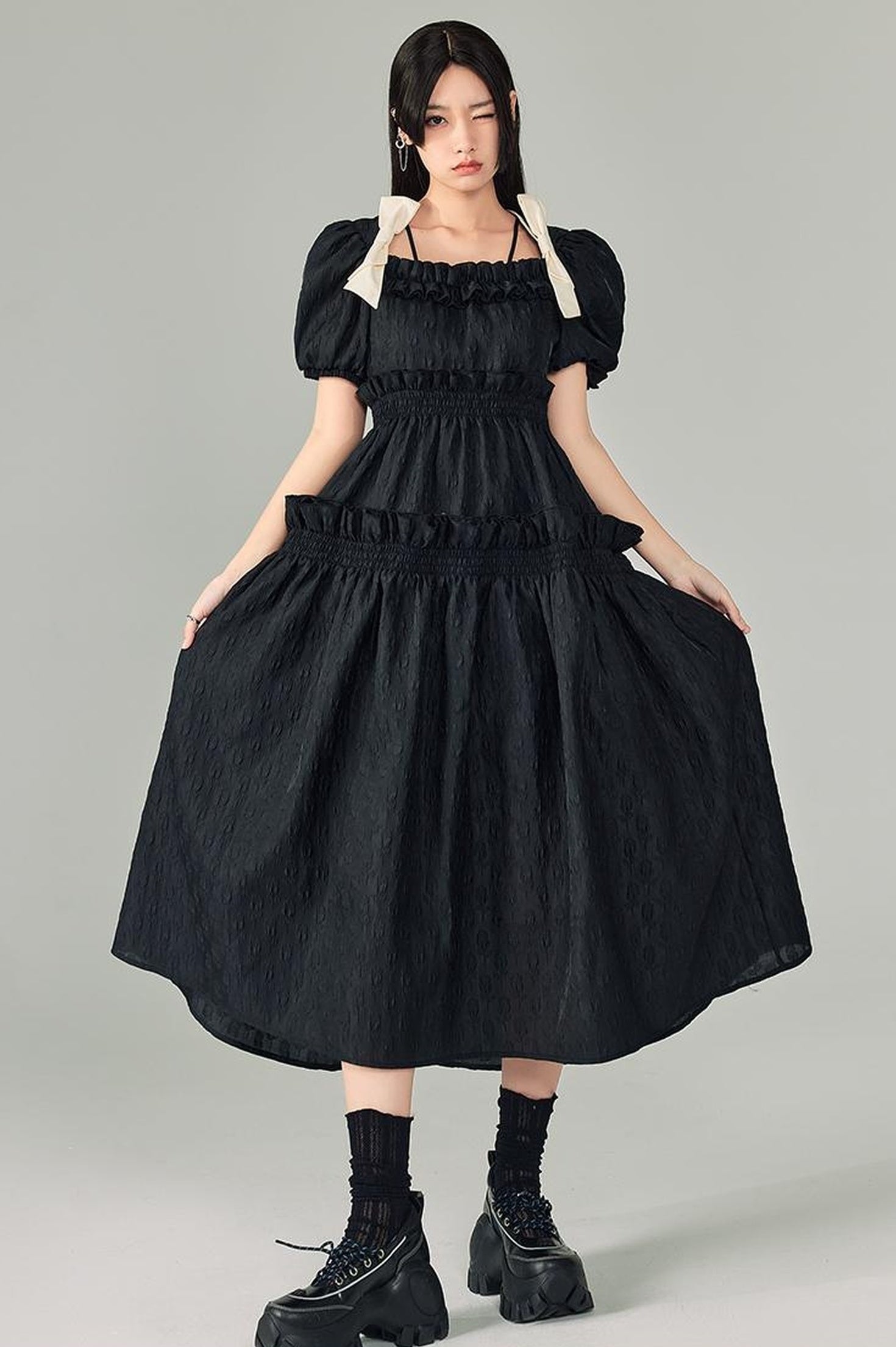DIDDI MODA Bubble Sweetheart Bow Waist Maxi Dress