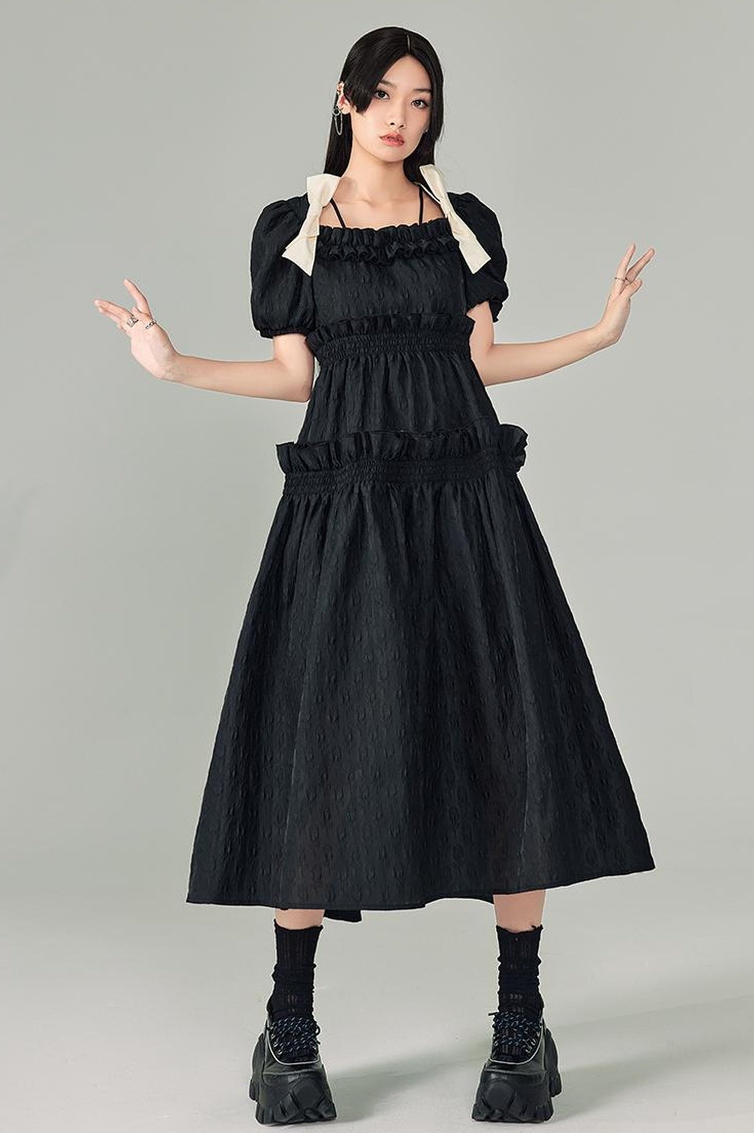 DIDDI MODA Bubble Sweetheart Bow Waist Maxi Dress