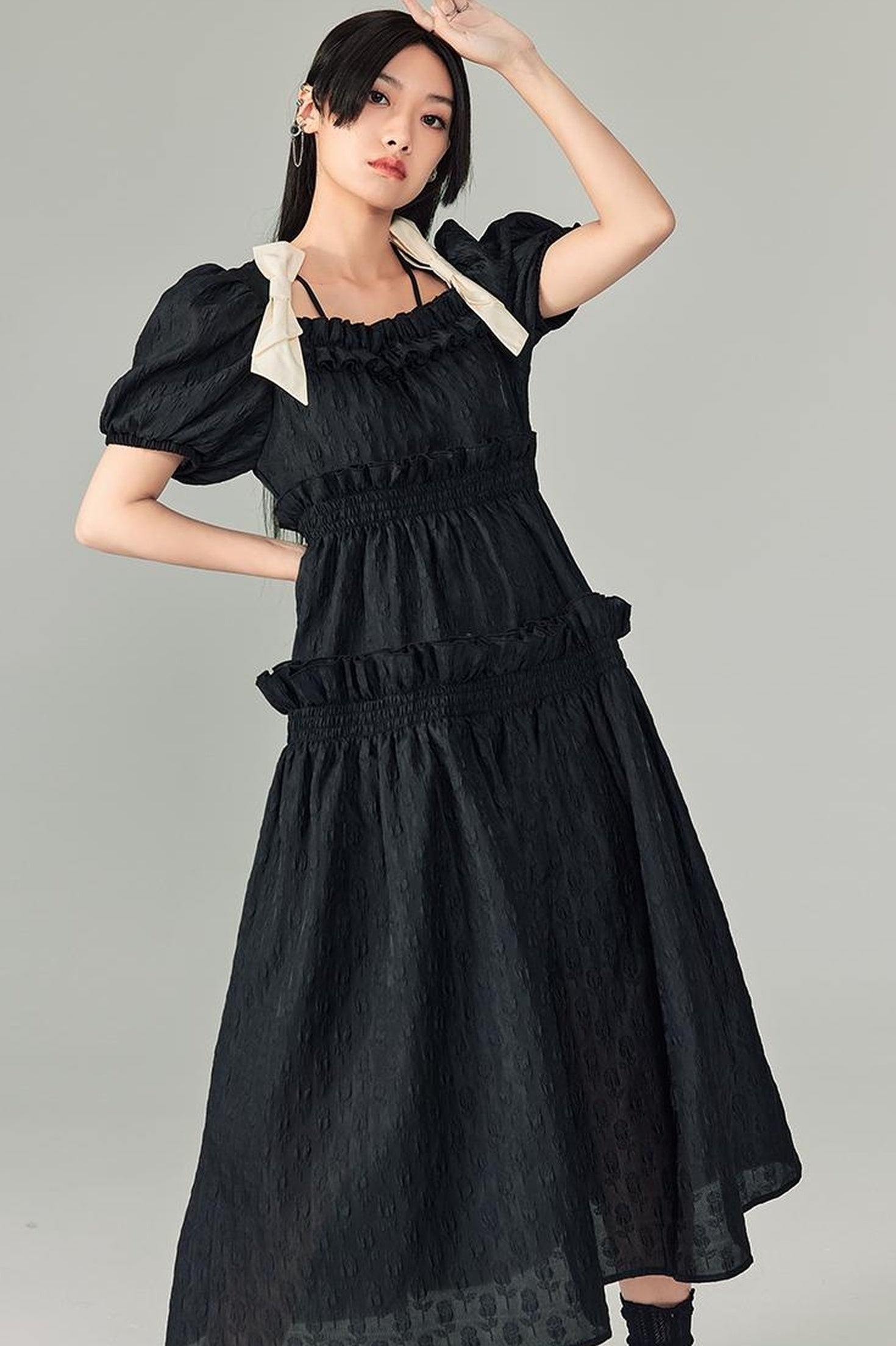 DIDDI MODA Bubble Sweetheart Bow Waist Maxi Dress