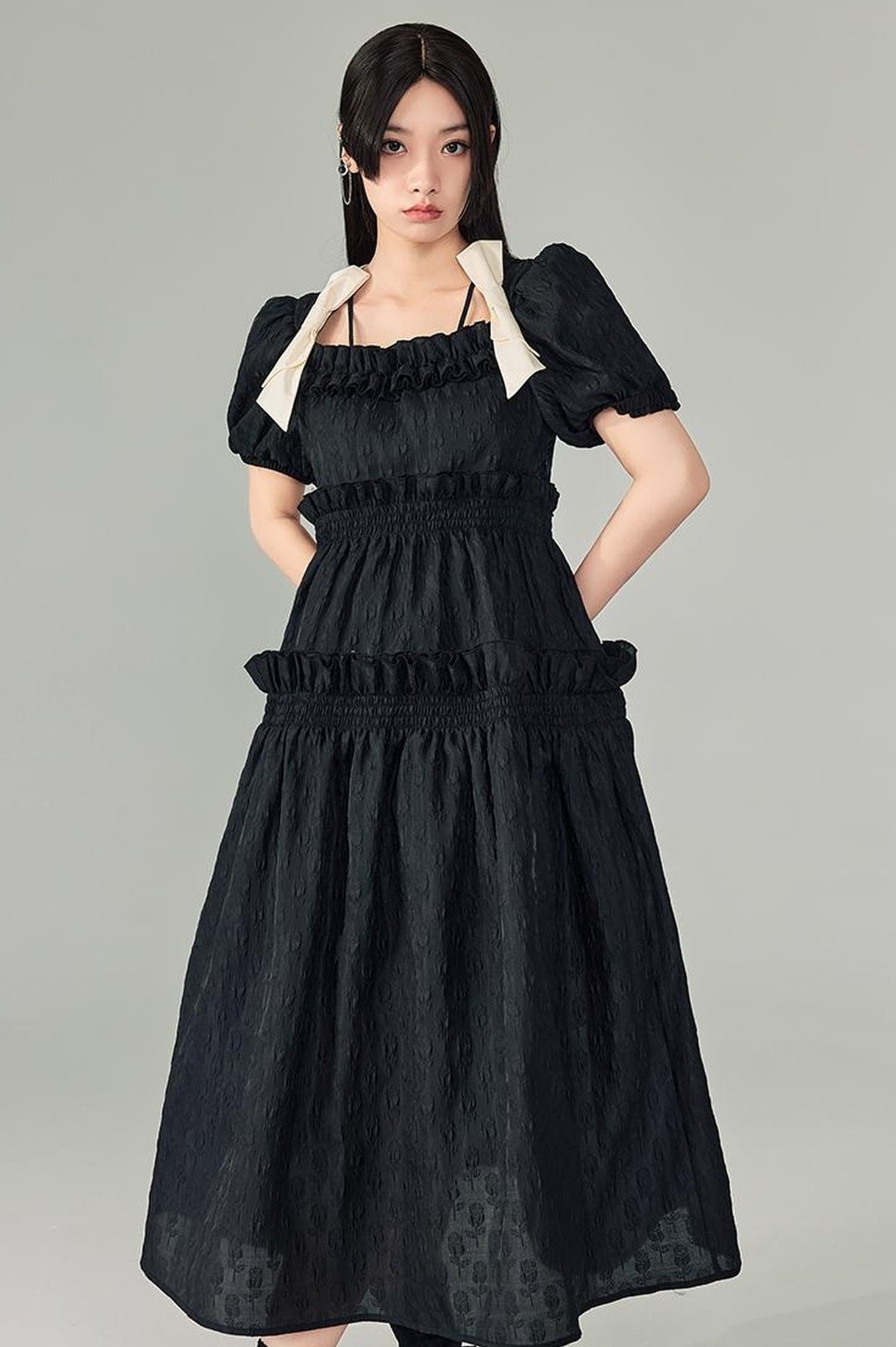 DIDDI MODA Bubble Sweetheart Bow Waist Maxi Dress