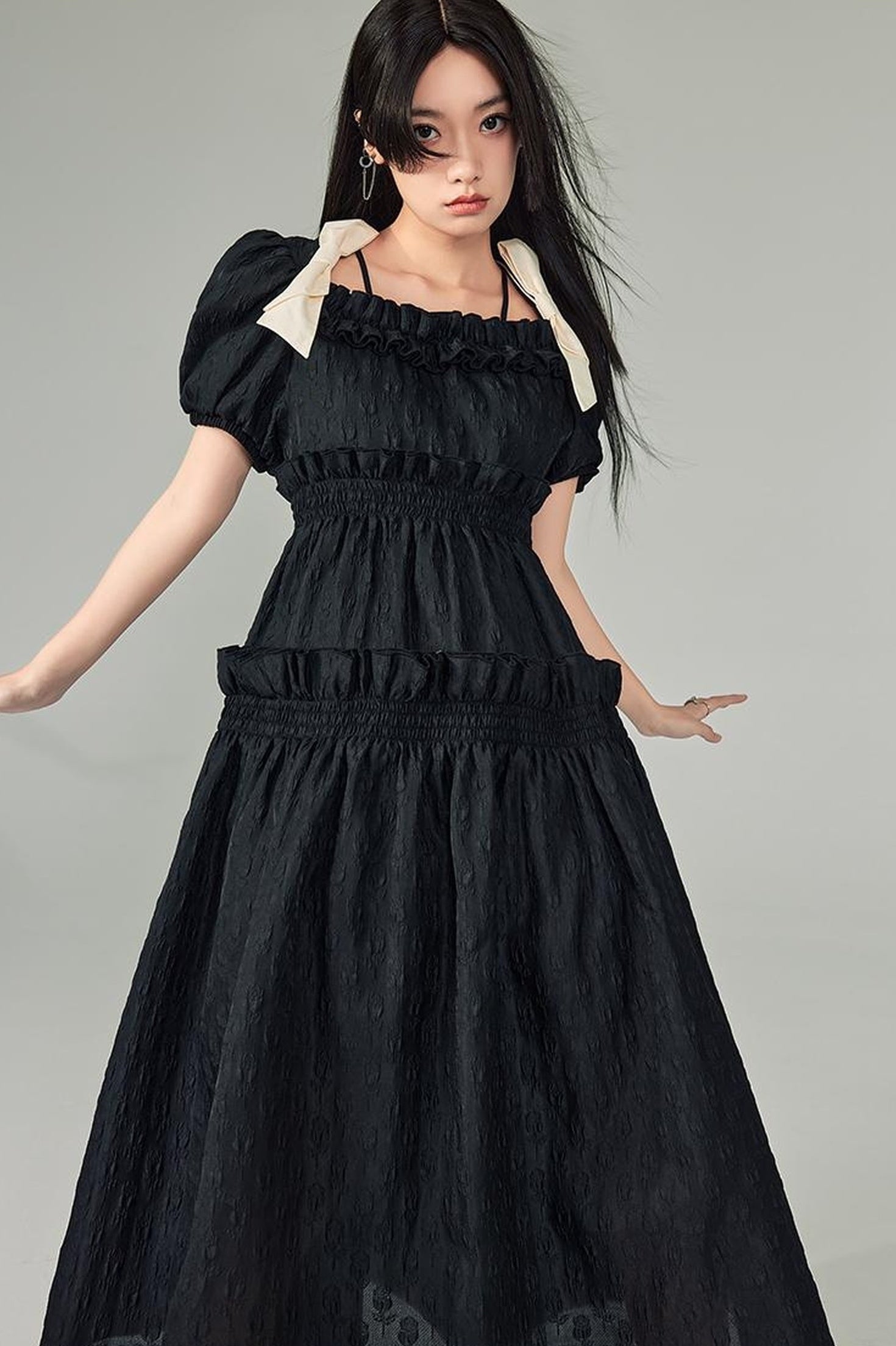 DIDDI MODA Bubble Sweetheart Bow Waist Maxi Dress