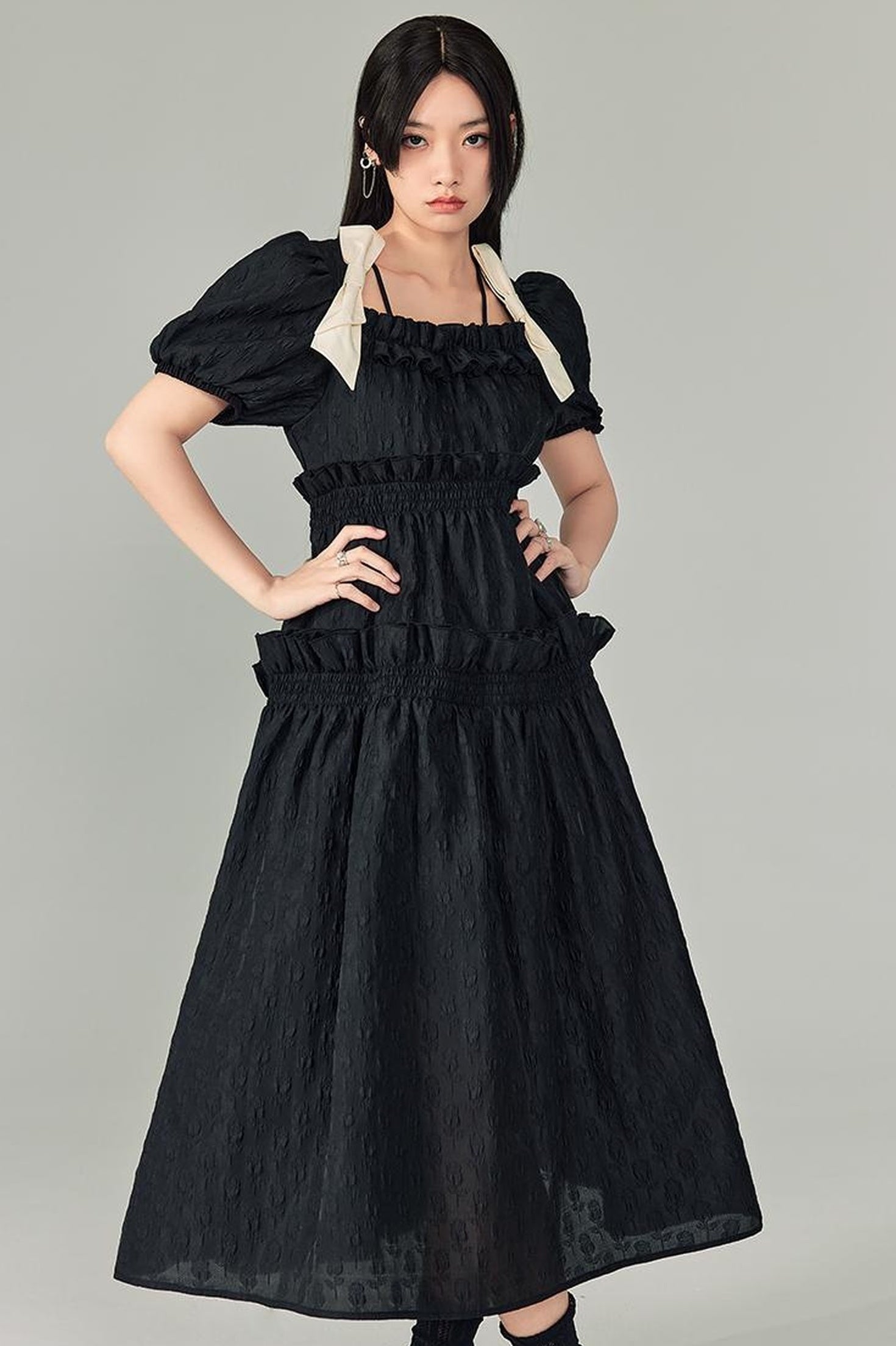 DIDDI MODA Bubble Sweetheart Bow Waist Maxi Dress