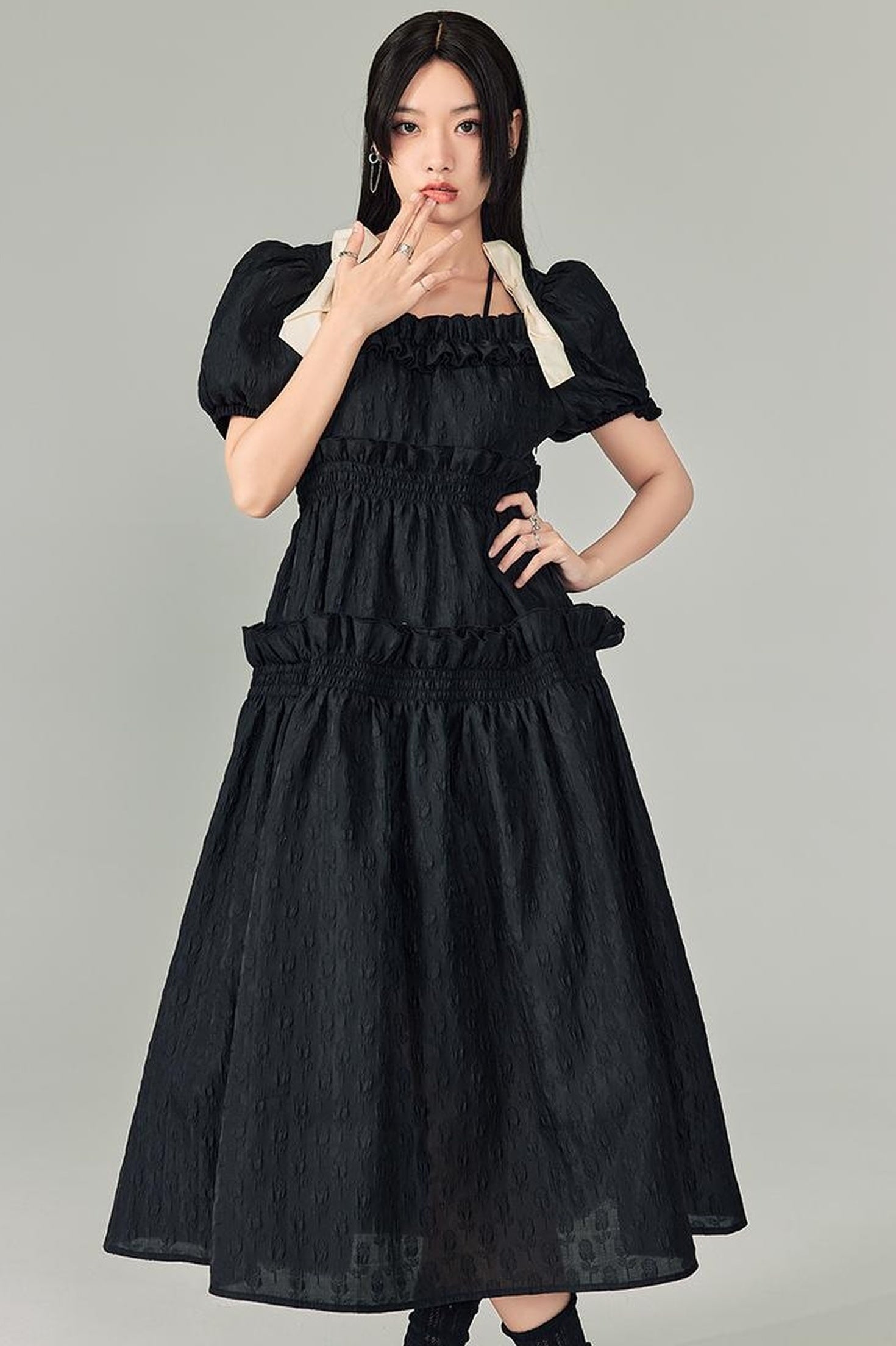 DIDDI MODA Bubble Sweetheart Bow Waist Maxi Dress