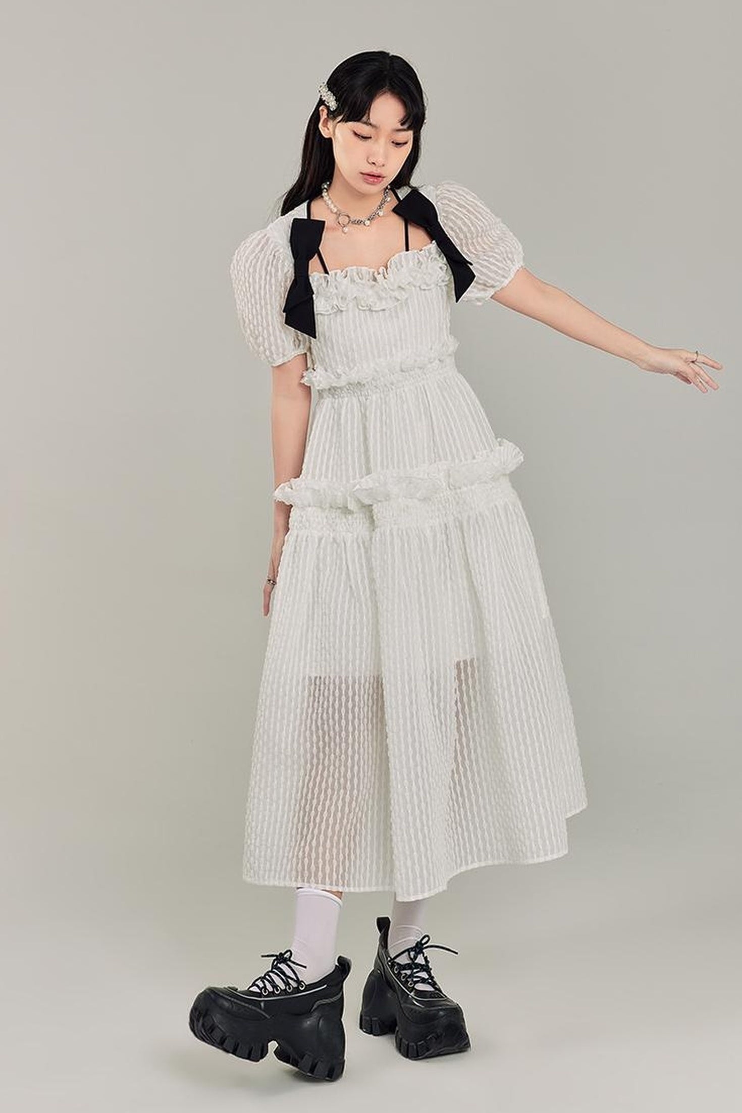 DIDDI MODA Bubble Sweetheart Bow Waist Maxi Dress