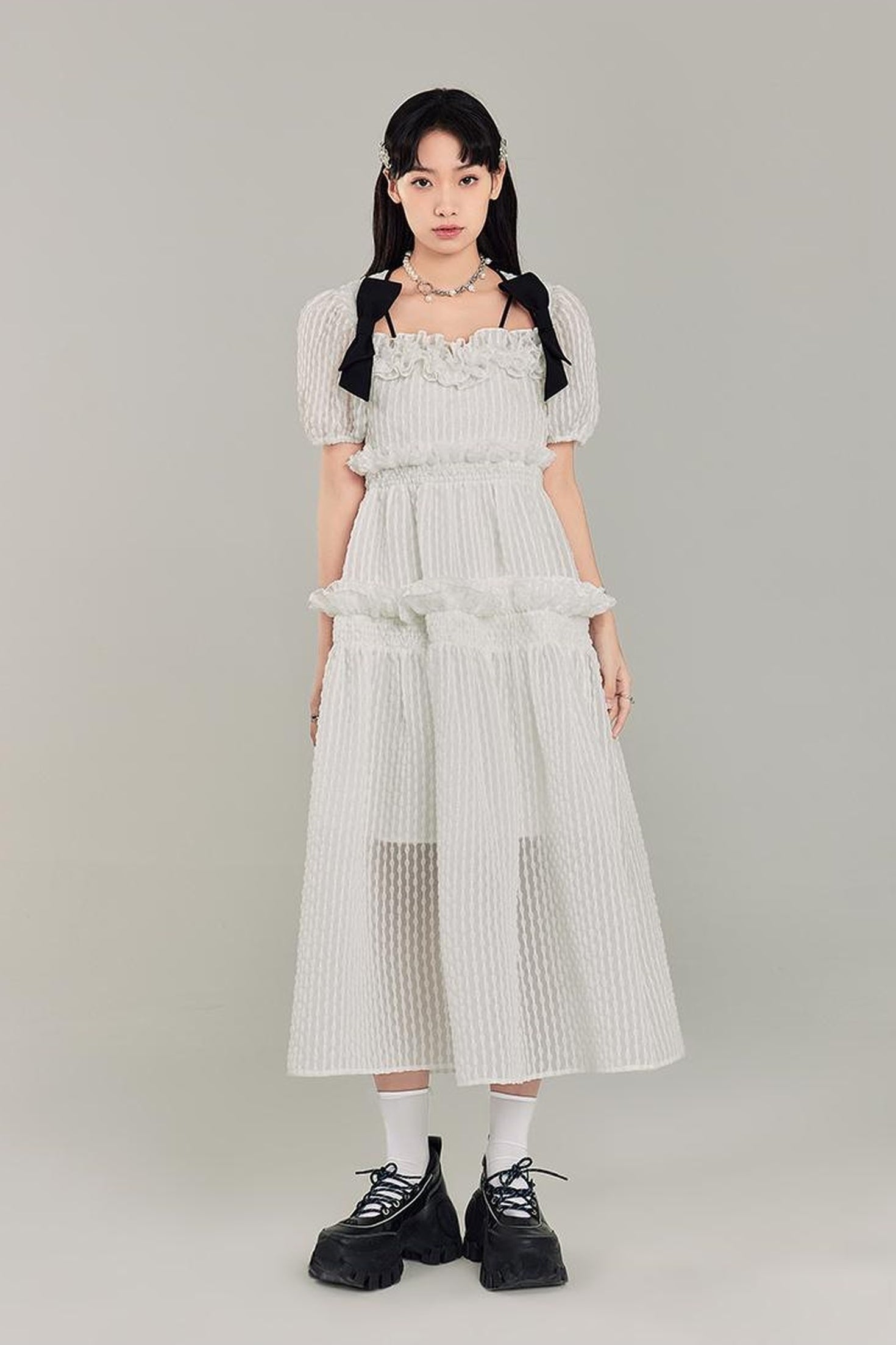 DIDDI MODA Bubble Sweetheart Bow Waist Maxi Dress