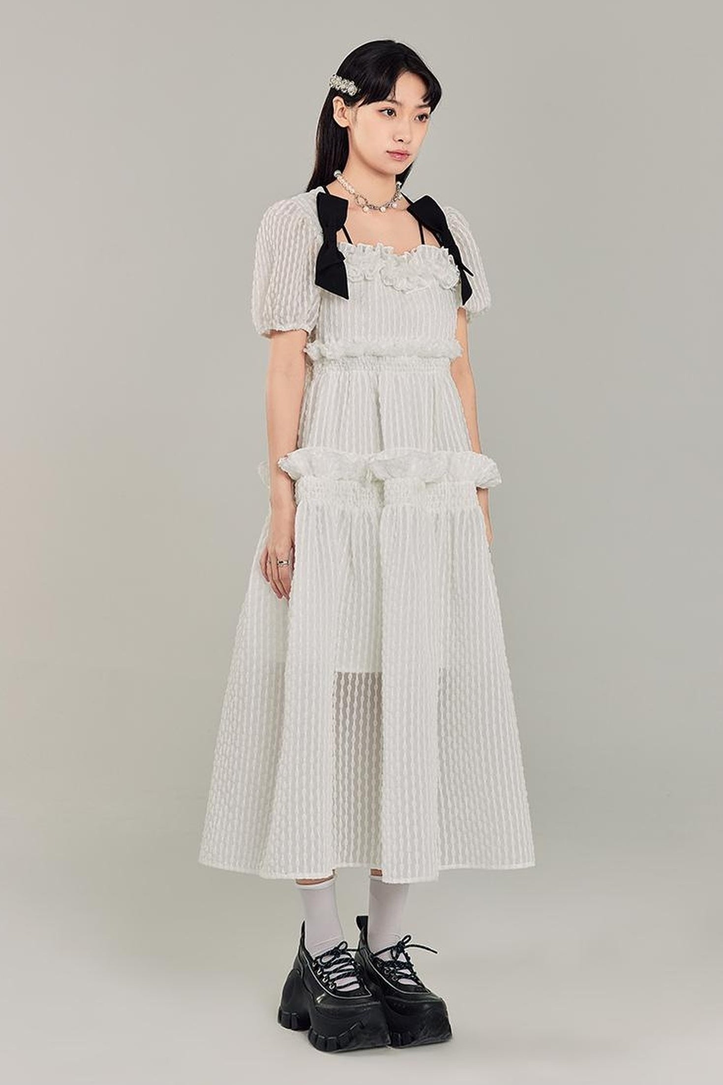 DIDDI MODA Bubble Sweetheart Bow Waist Maxi Dress