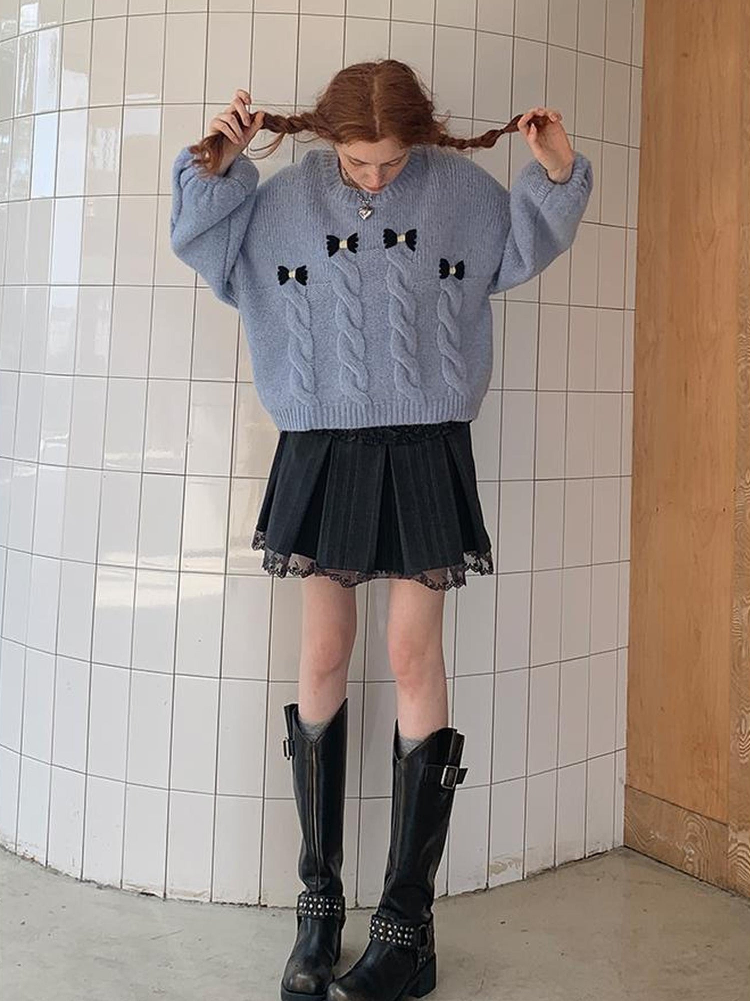 DIDDI MODA Butterfly Bow Cable Knit Sweater