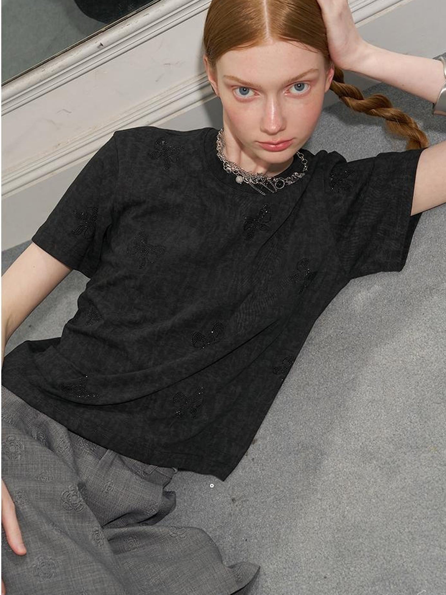 DIDDI MODA Butterfly Bow Crystal Embellished Oversized Tee