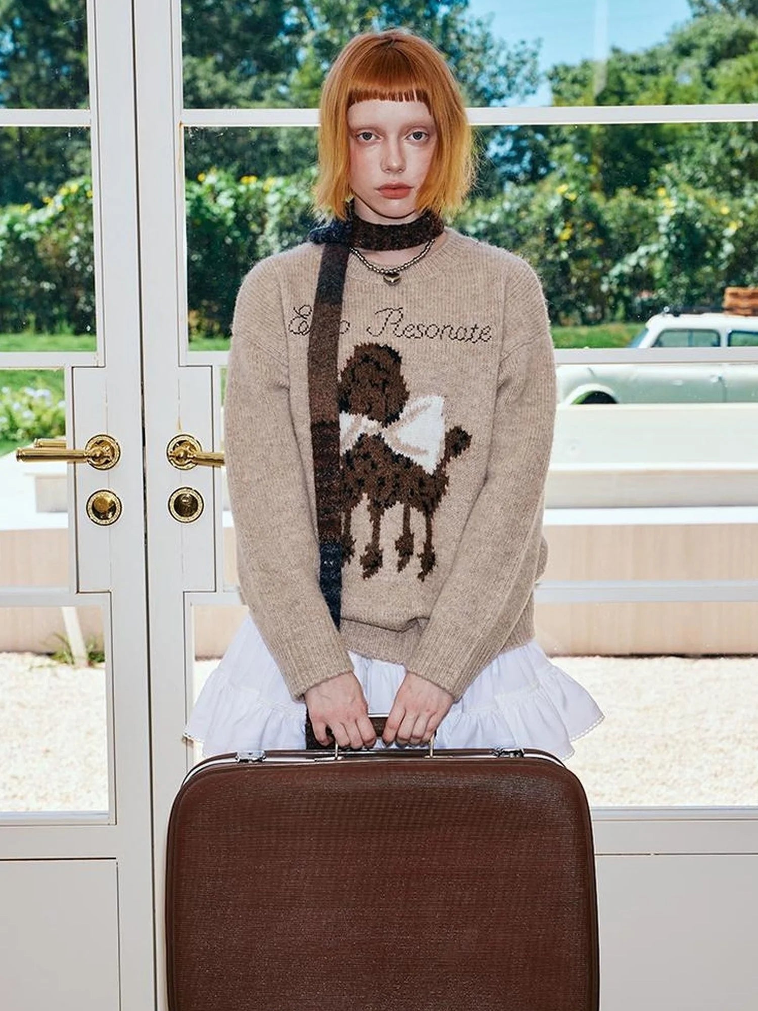 Butterfly Bow Dog Embroidered Knit Sweater