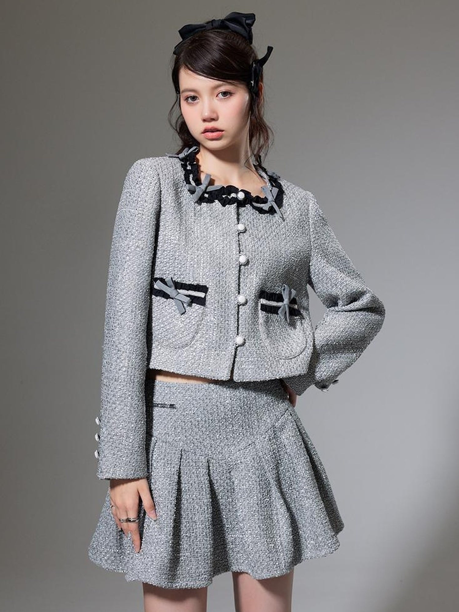 DIDDI MODA Butterfly Bow Knit Set With Pleated Skirt