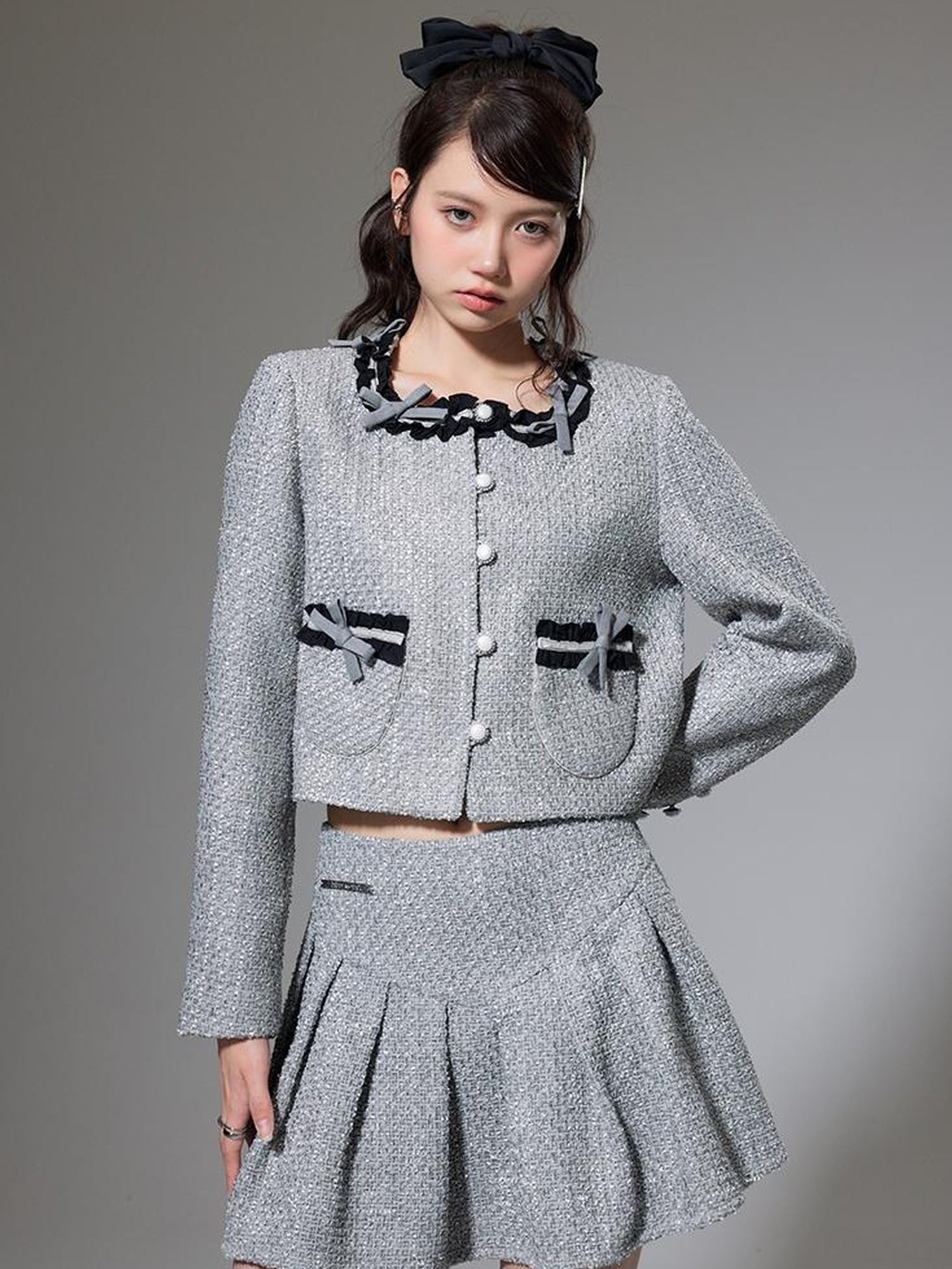 DIDDI MODA Butterfly Bow Knit Set With Pleated Skirt