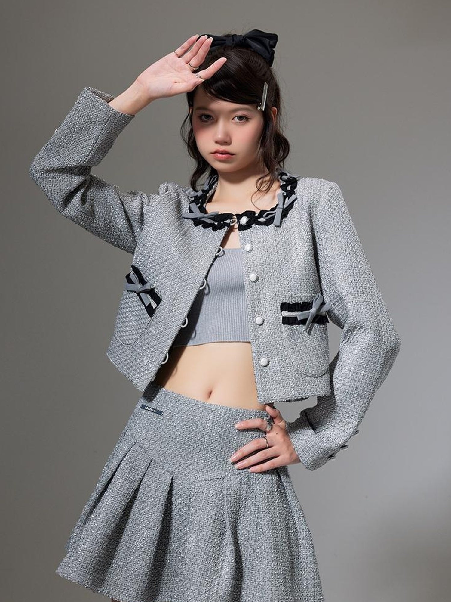 DIDDI MODA Butterfly Bow Knit Set With Pleated Skirt