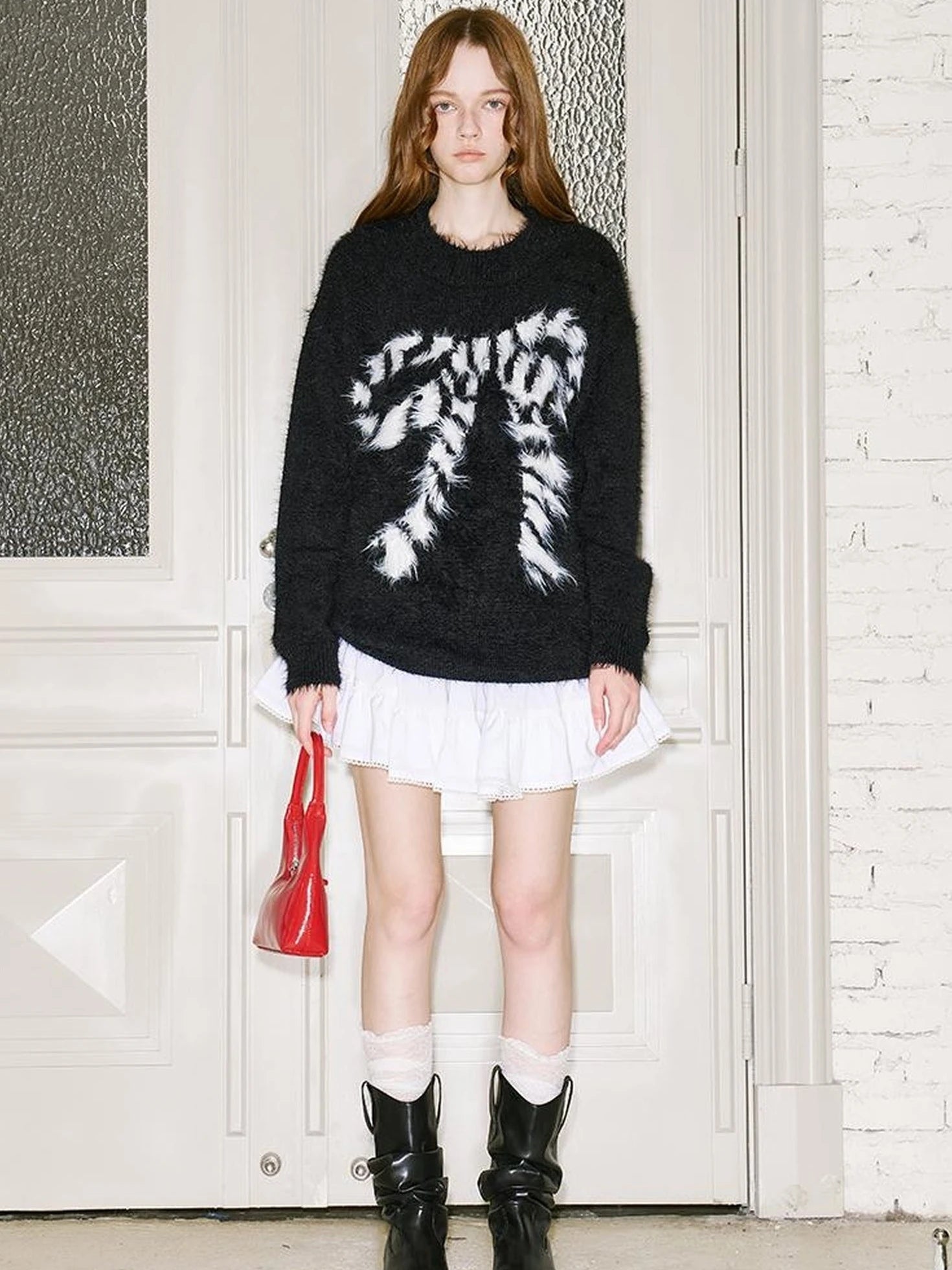 Butterfly Bow Knit Sweater With Faux Fur Trim