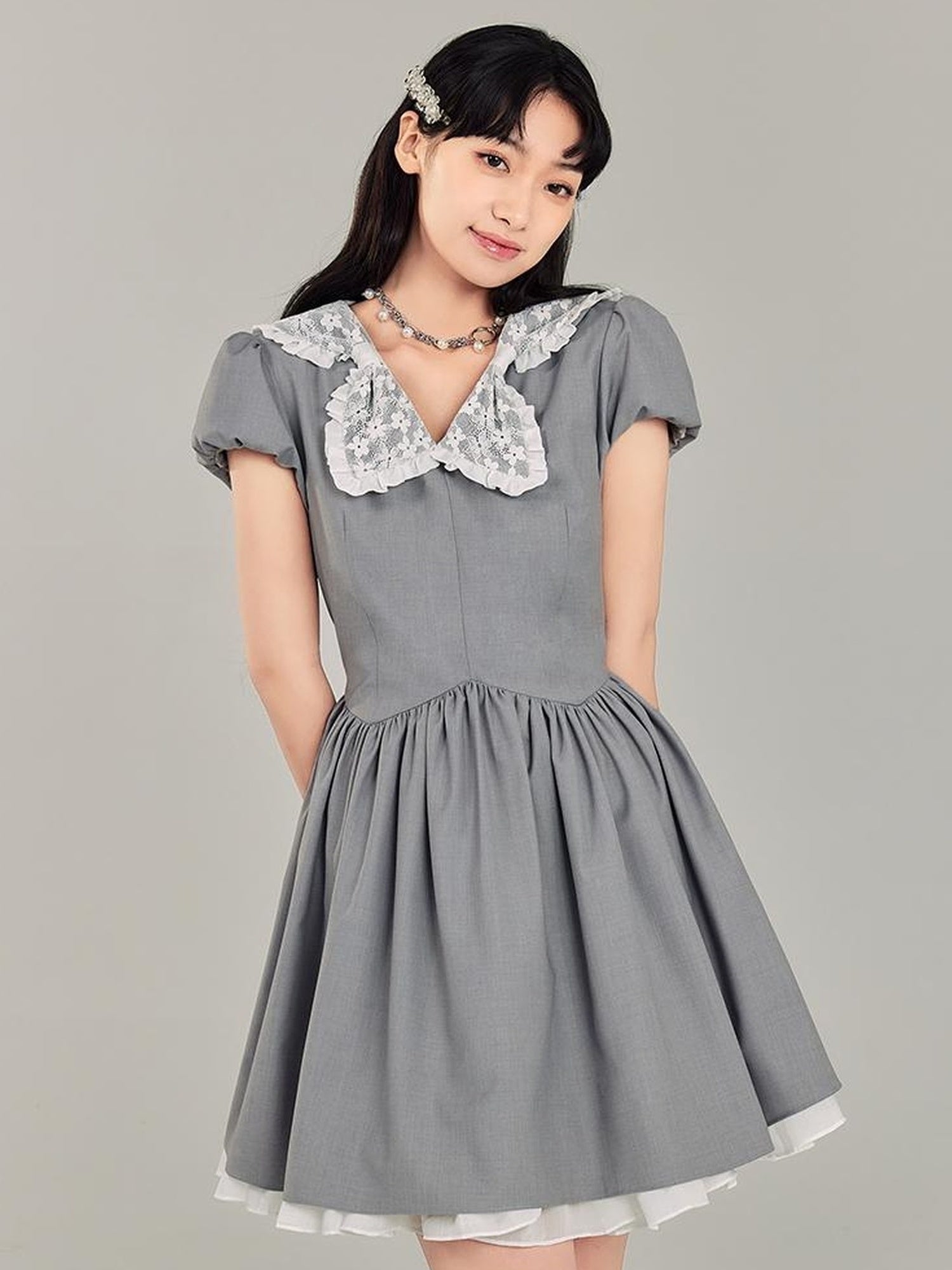 DIDDI MODA Butterfly Bow Waist Defining Gray Mini Dress