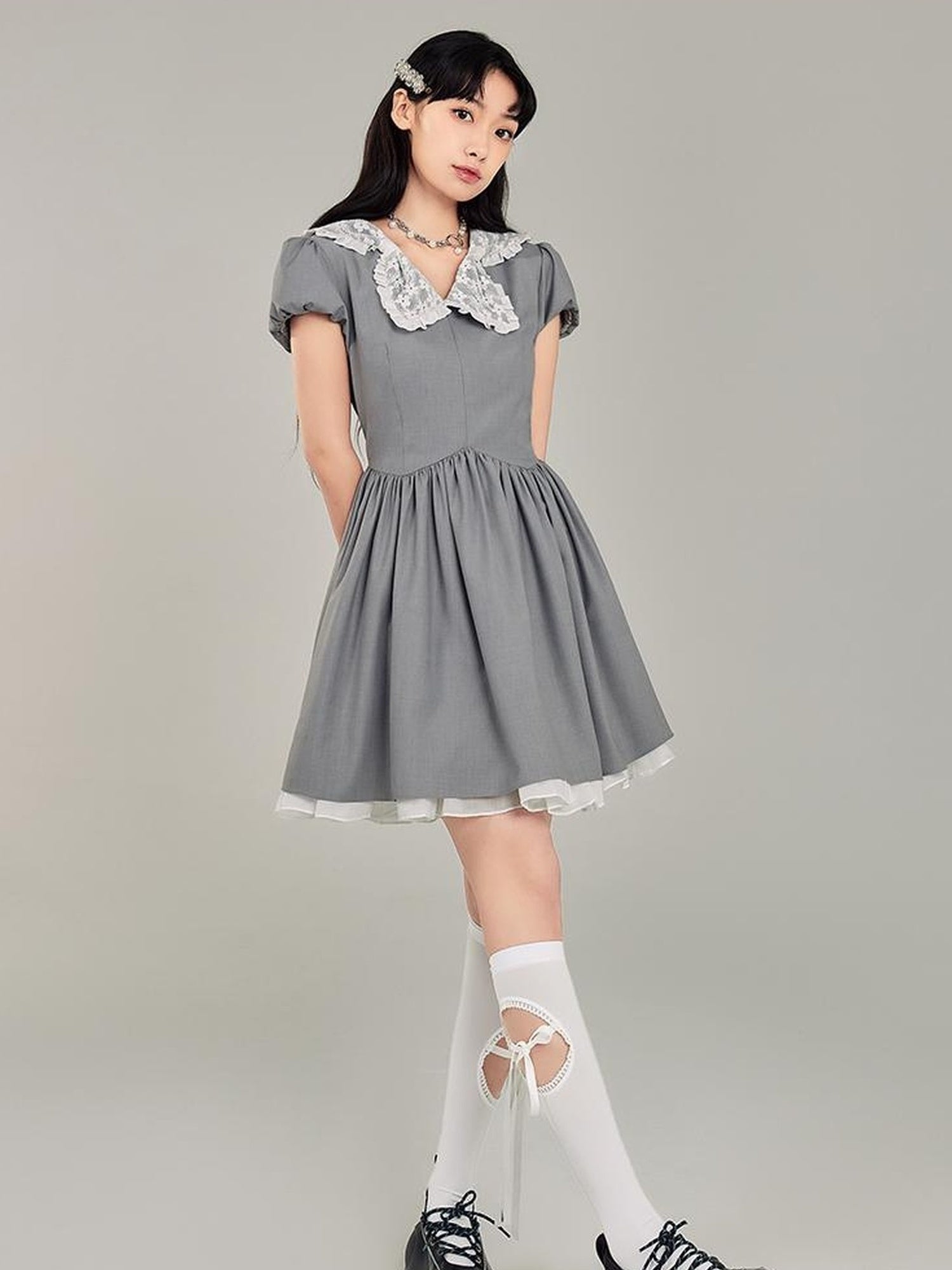 DIDDI MODA Butterfly Bow Waist Defining Gray Mini Dress