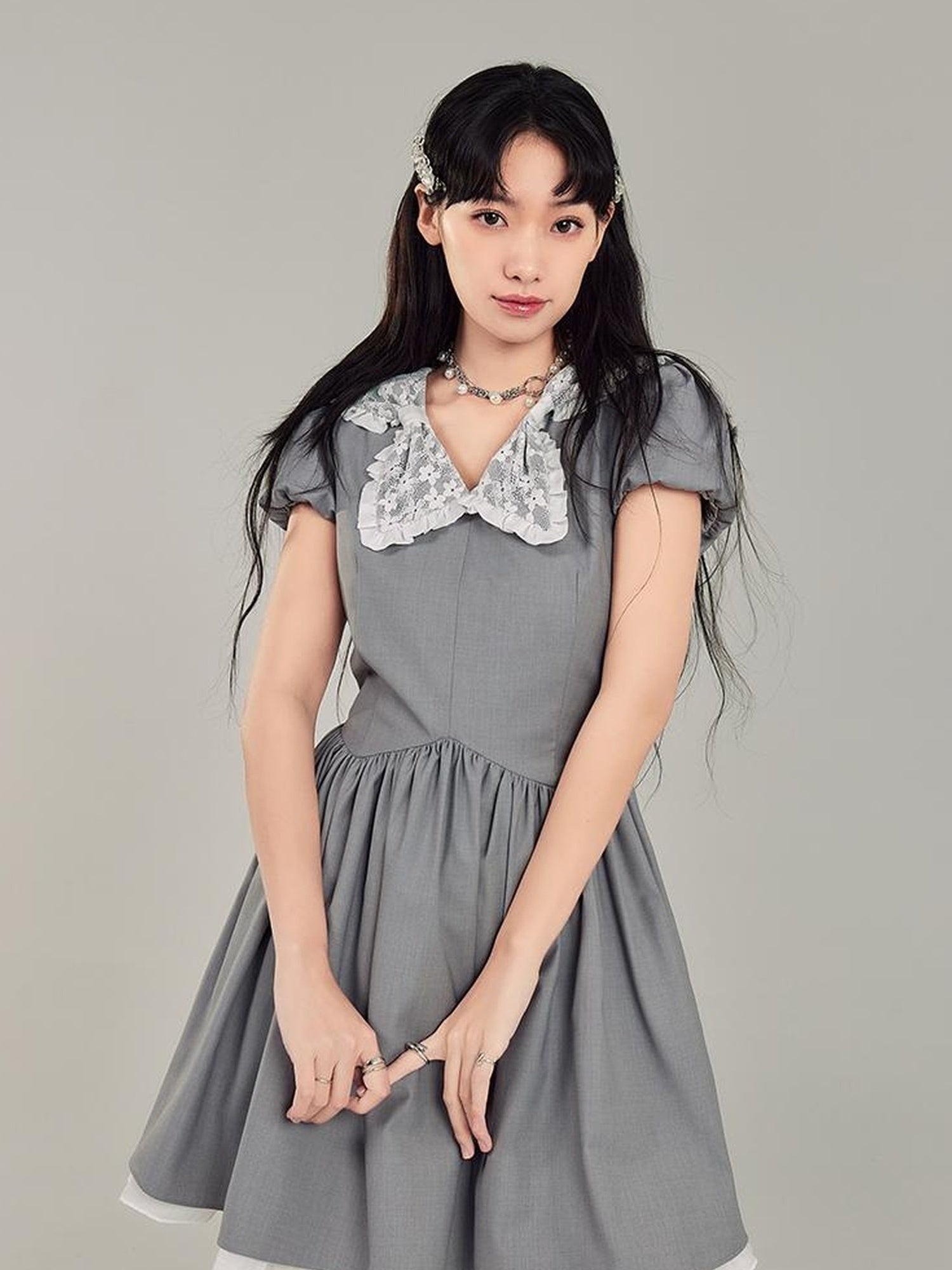 DIDDI MODA Butterfly Bow Waist Defining Gray Mini Dress