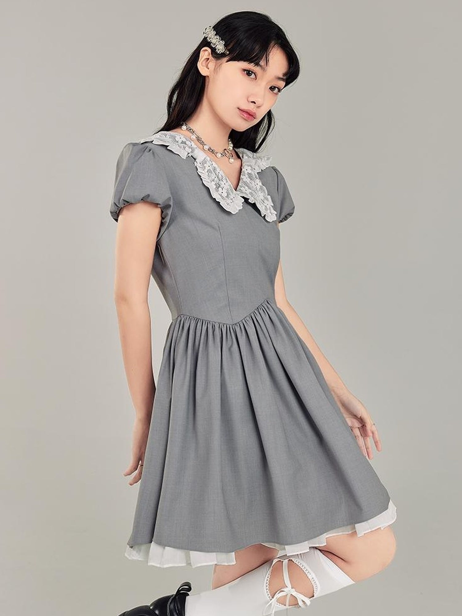 DIDDI MODA Butterfly Bow Waist Defining Gray Mini Dress