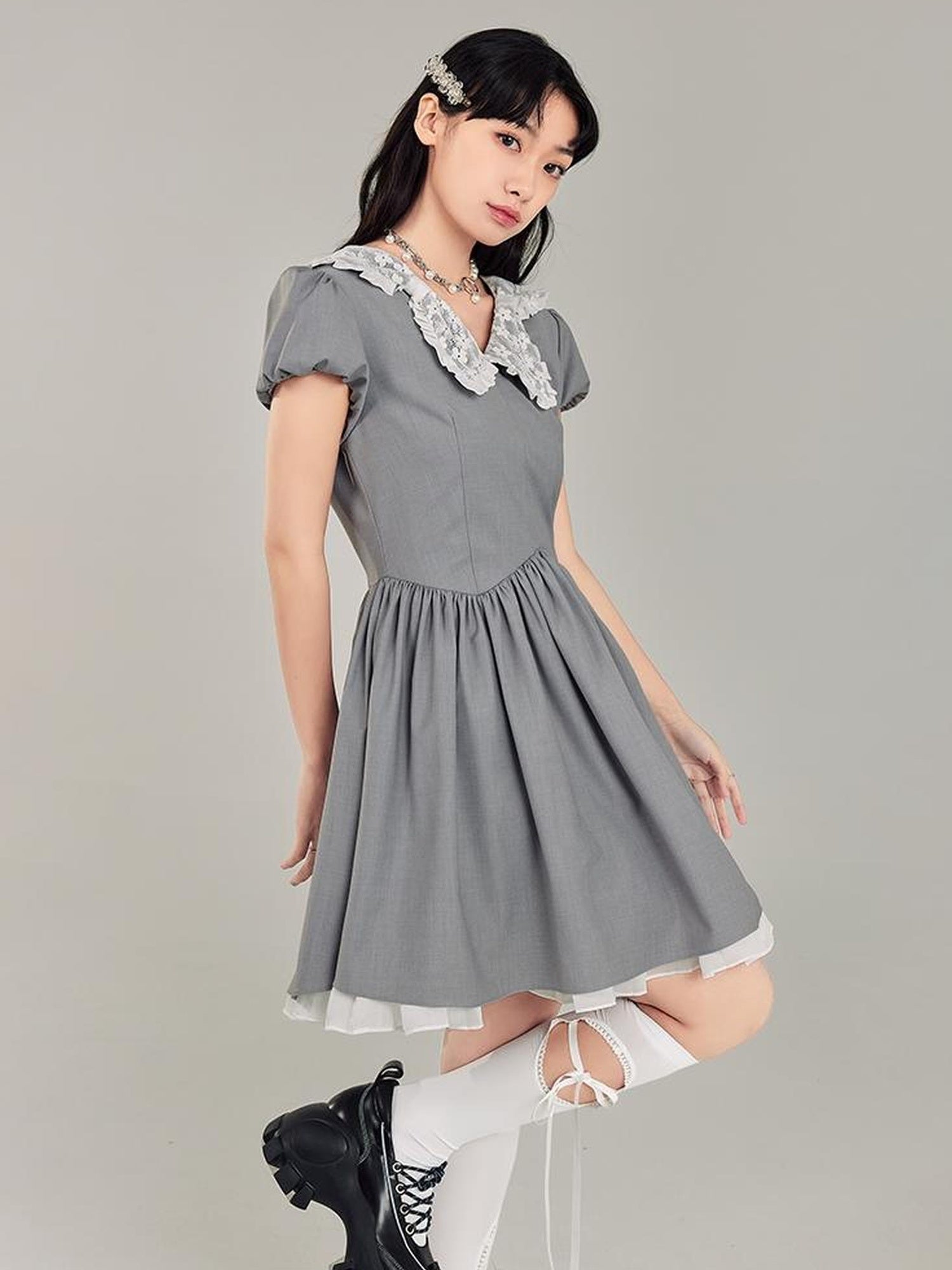 DIDDI MODA Butterfly Bow Waist Defining Gray Mini Dress
