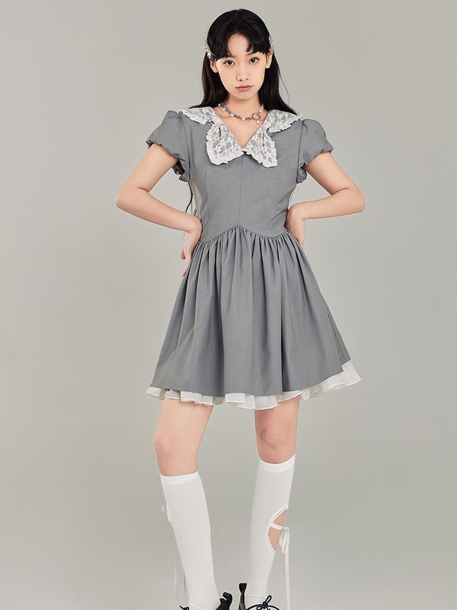 DIDDI MODA Butterfly Bow Waist Defining Gray Mini Dress