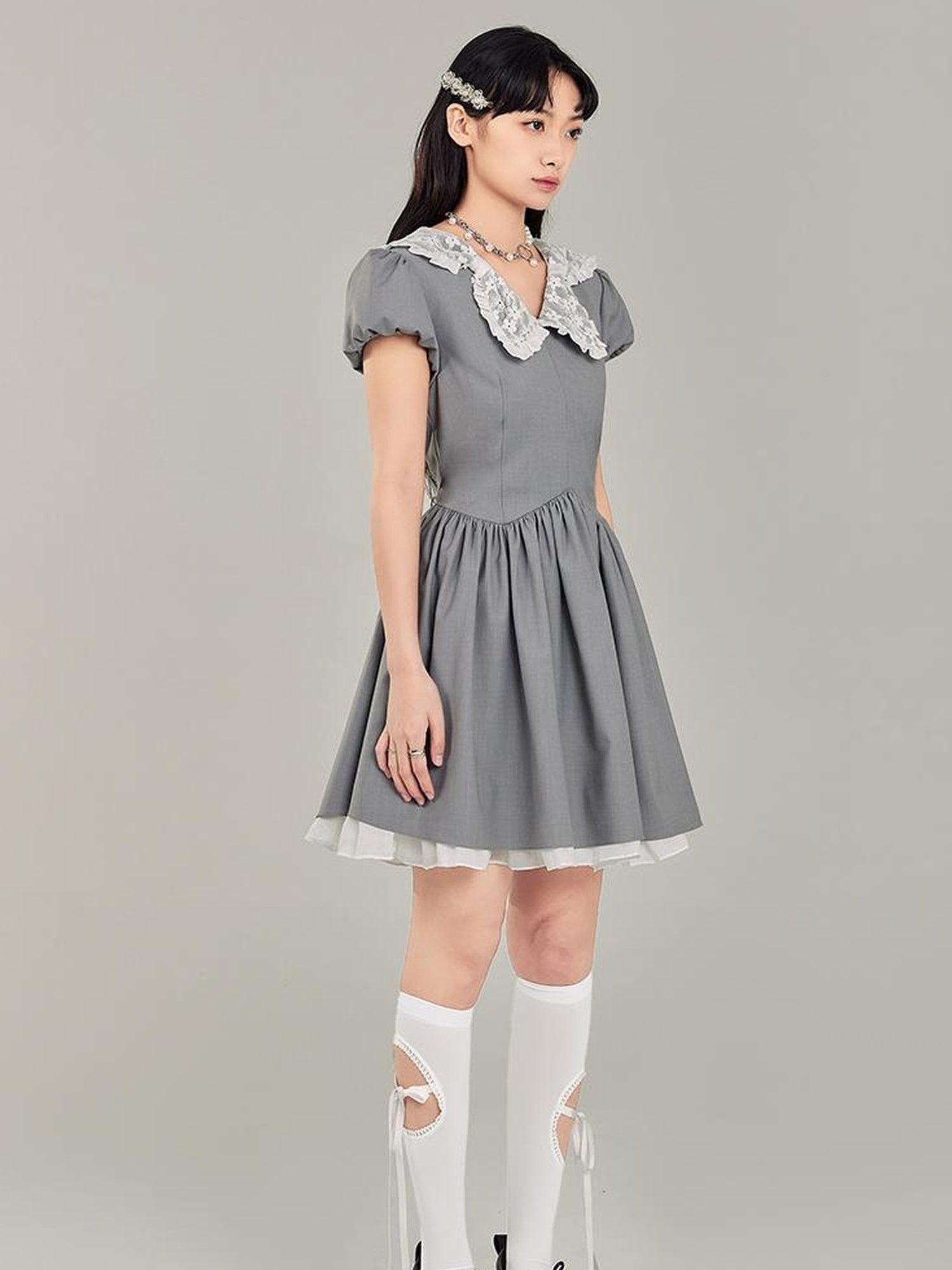 DIDDI MODA Butterfly Bow Waist Defining Gray Mini Dress