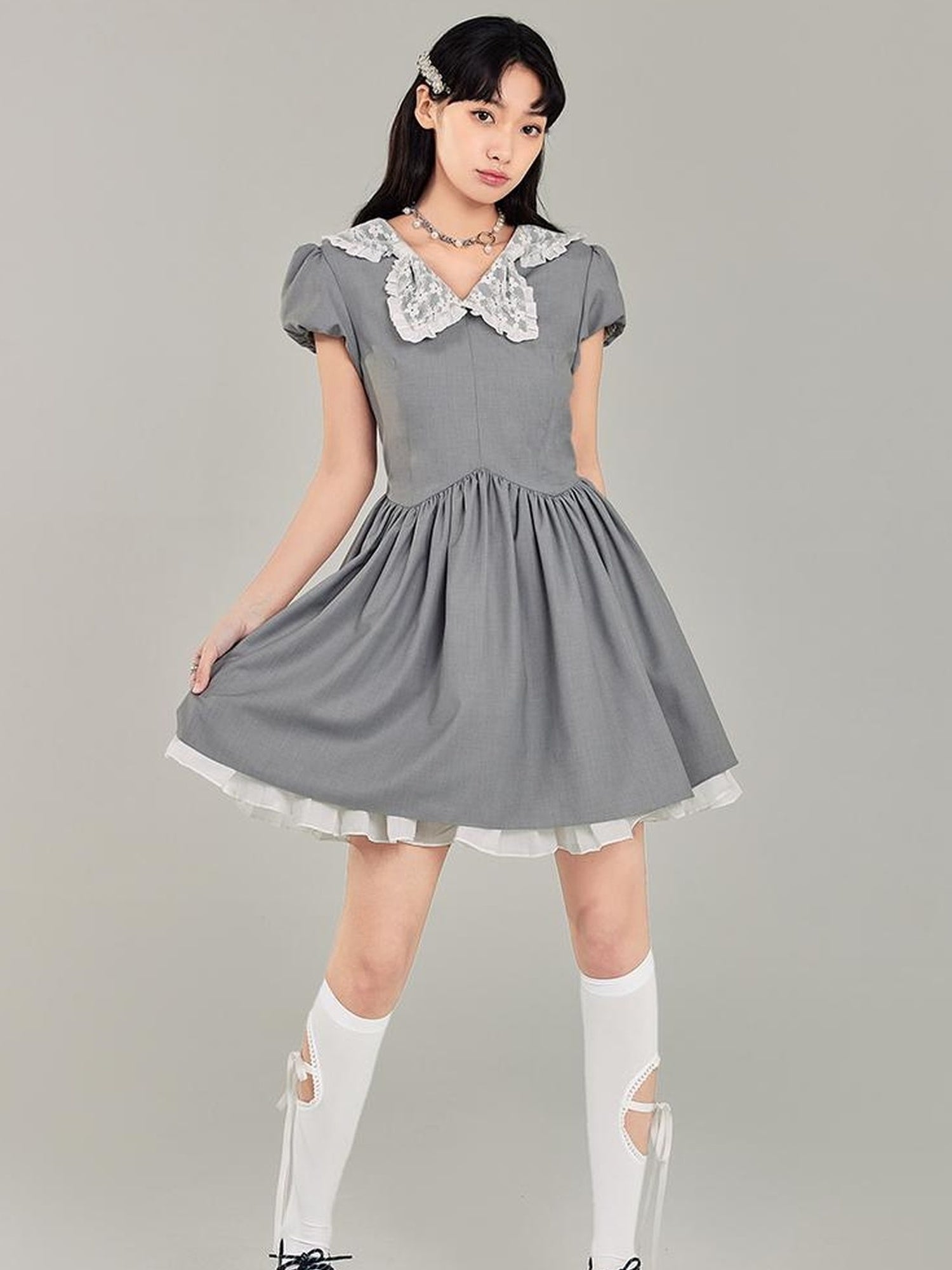 DIDDI MODA Butterfly Bow Waist Defining Gray Mini Dress