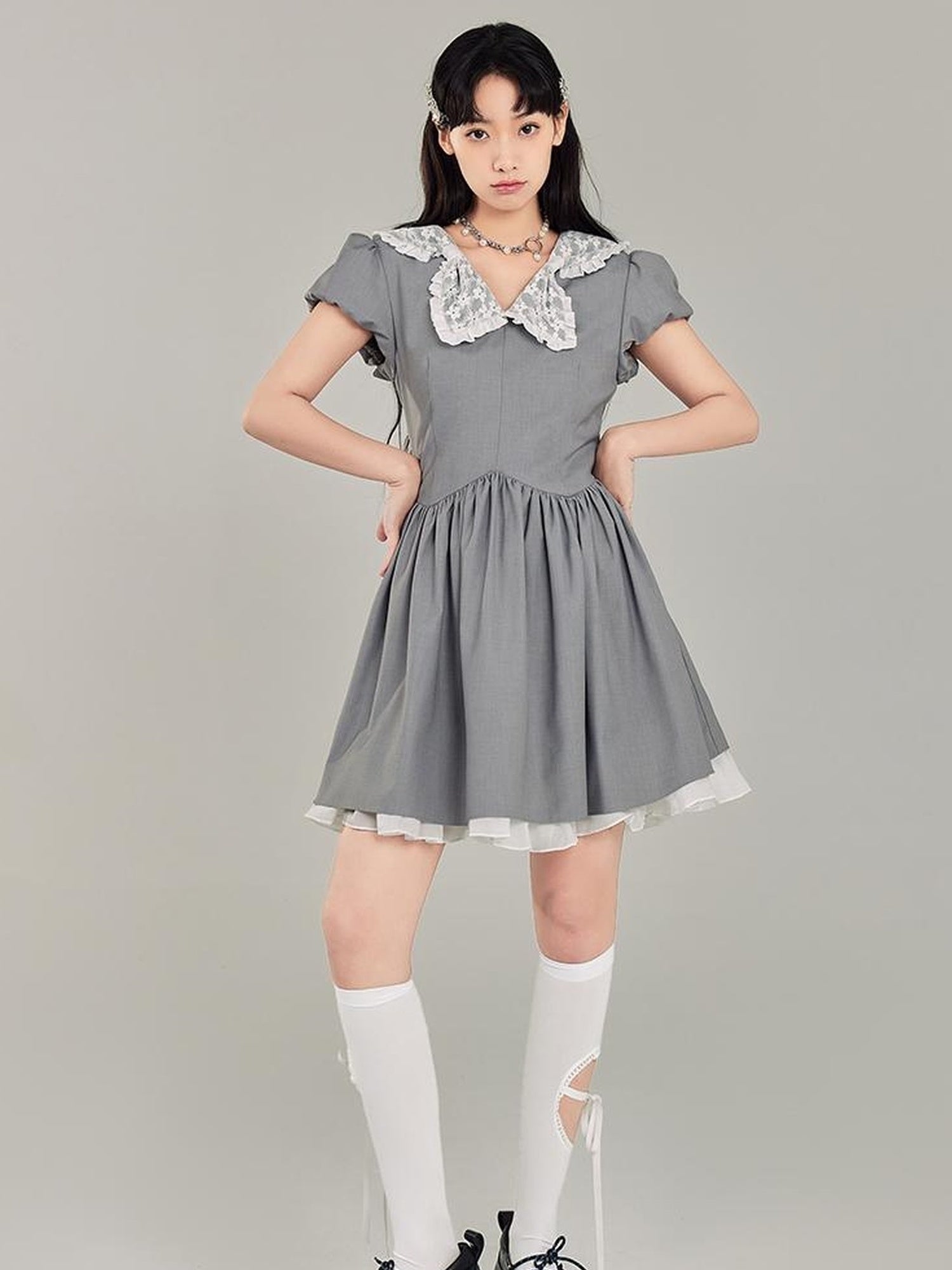 DIDDI MODA Butterfly Bow Waist Defining Gray Mini Dress