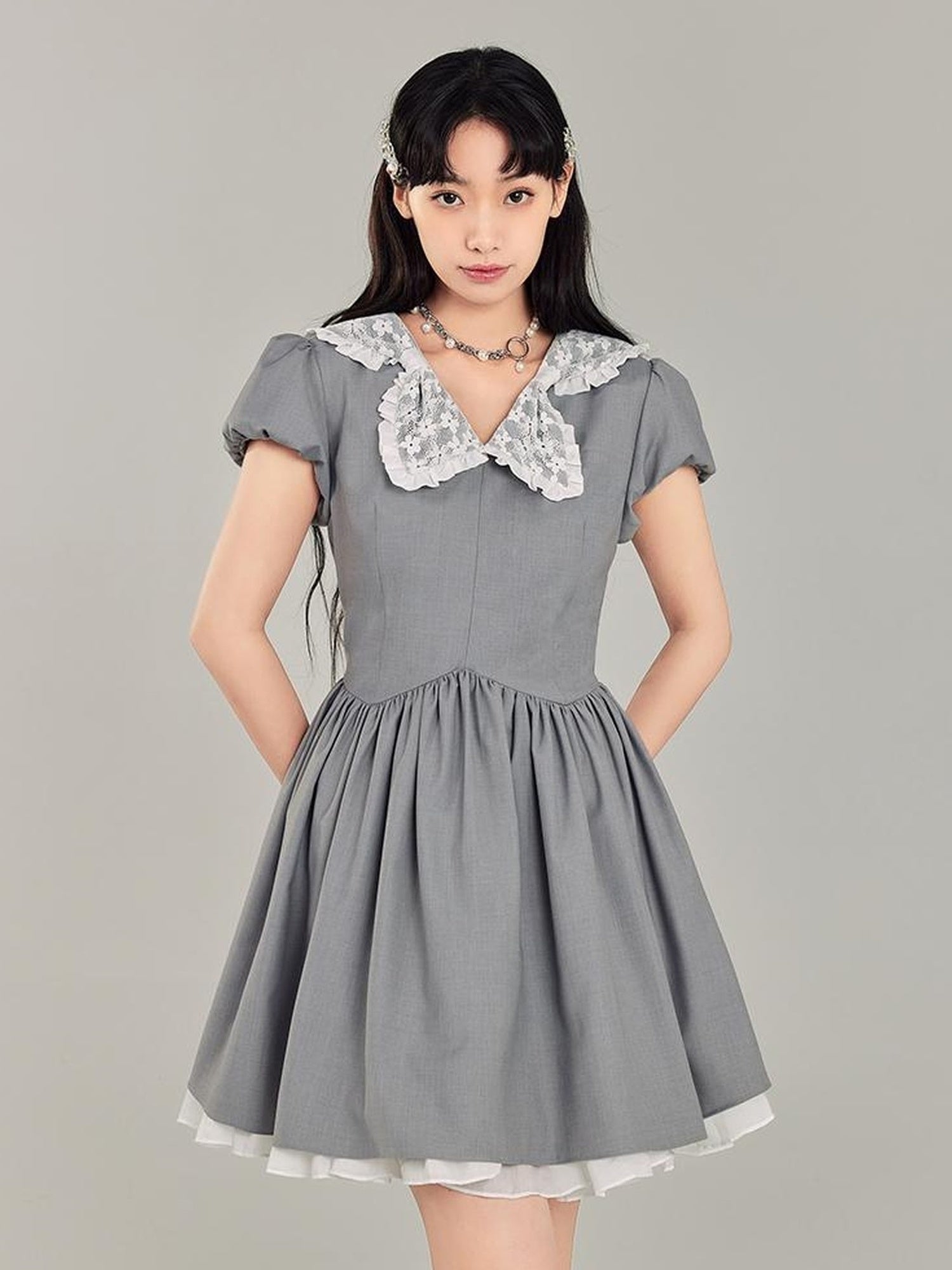 DIDDI MODA Butterfly Bow Waist Defining Gray Mini Dress