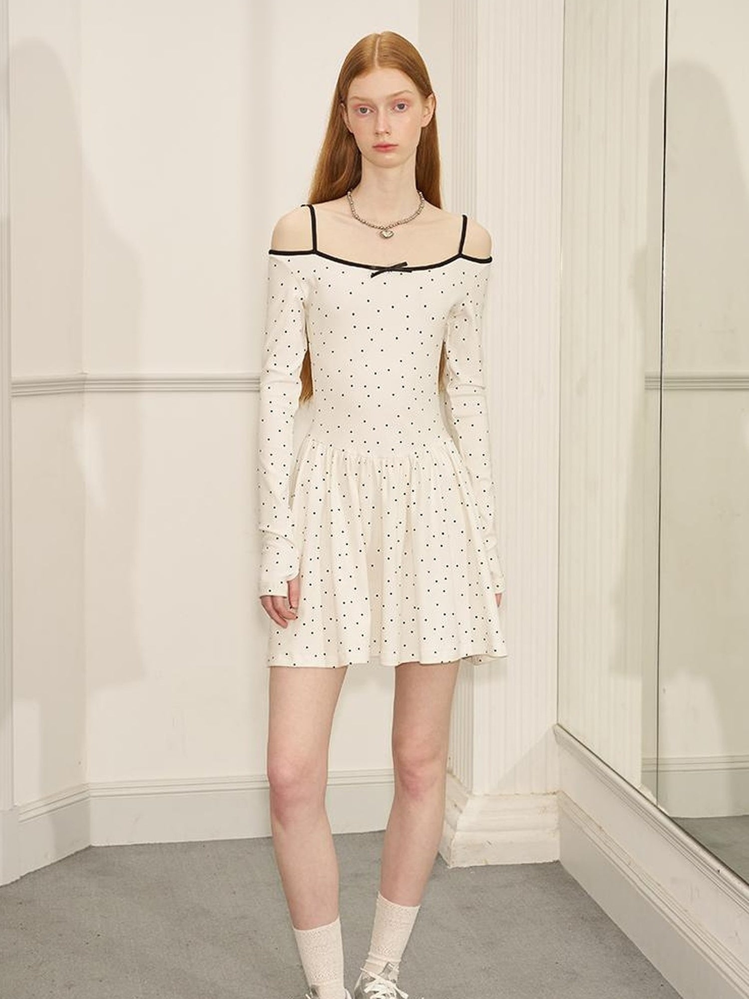 DIDDI MODA Butterfly Dot Colorblock Off Shoulder Knit Dress