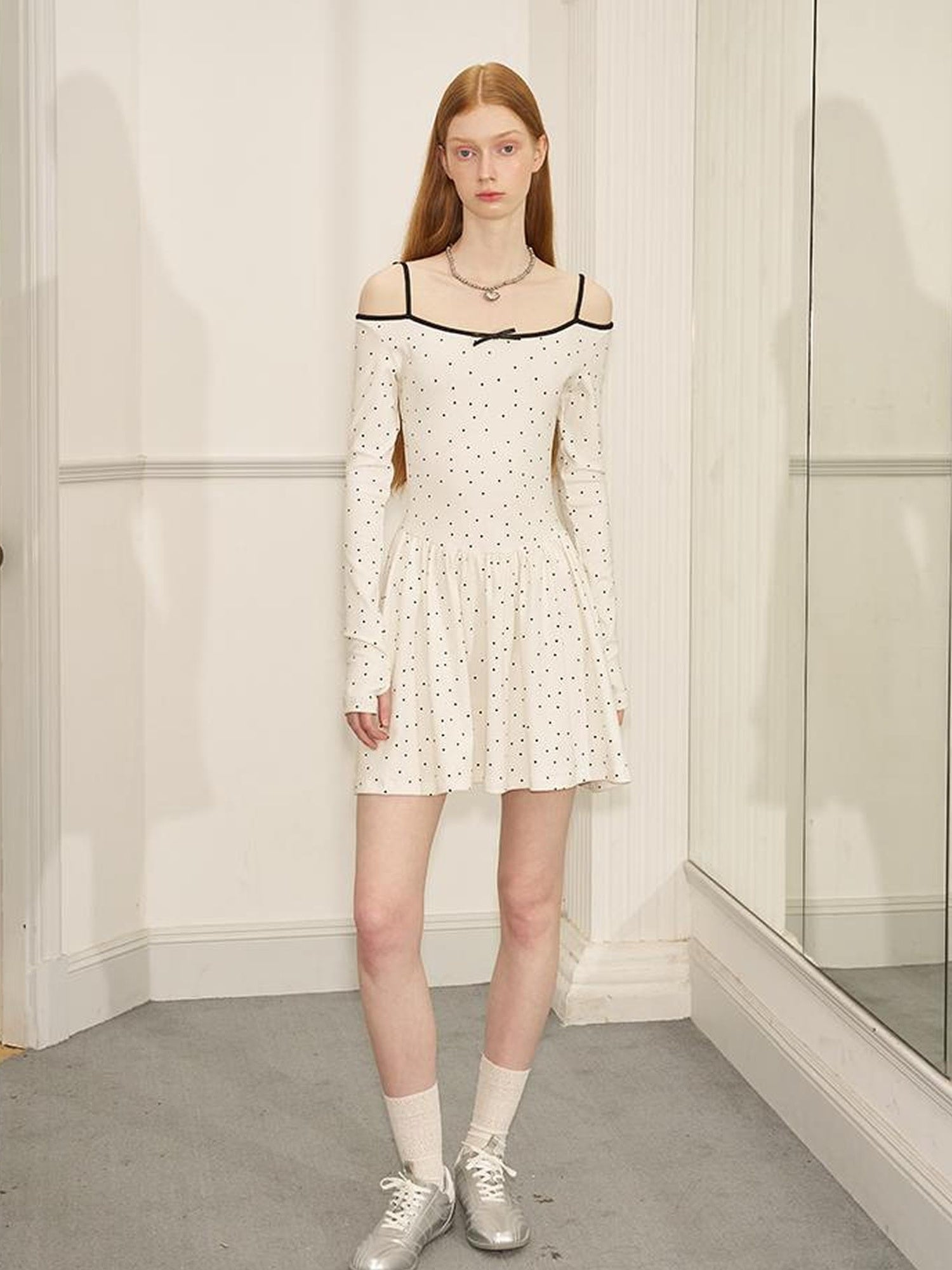 DIDDI MODA Butterfly Dot Colorblock Off Shoulder Knit Dress