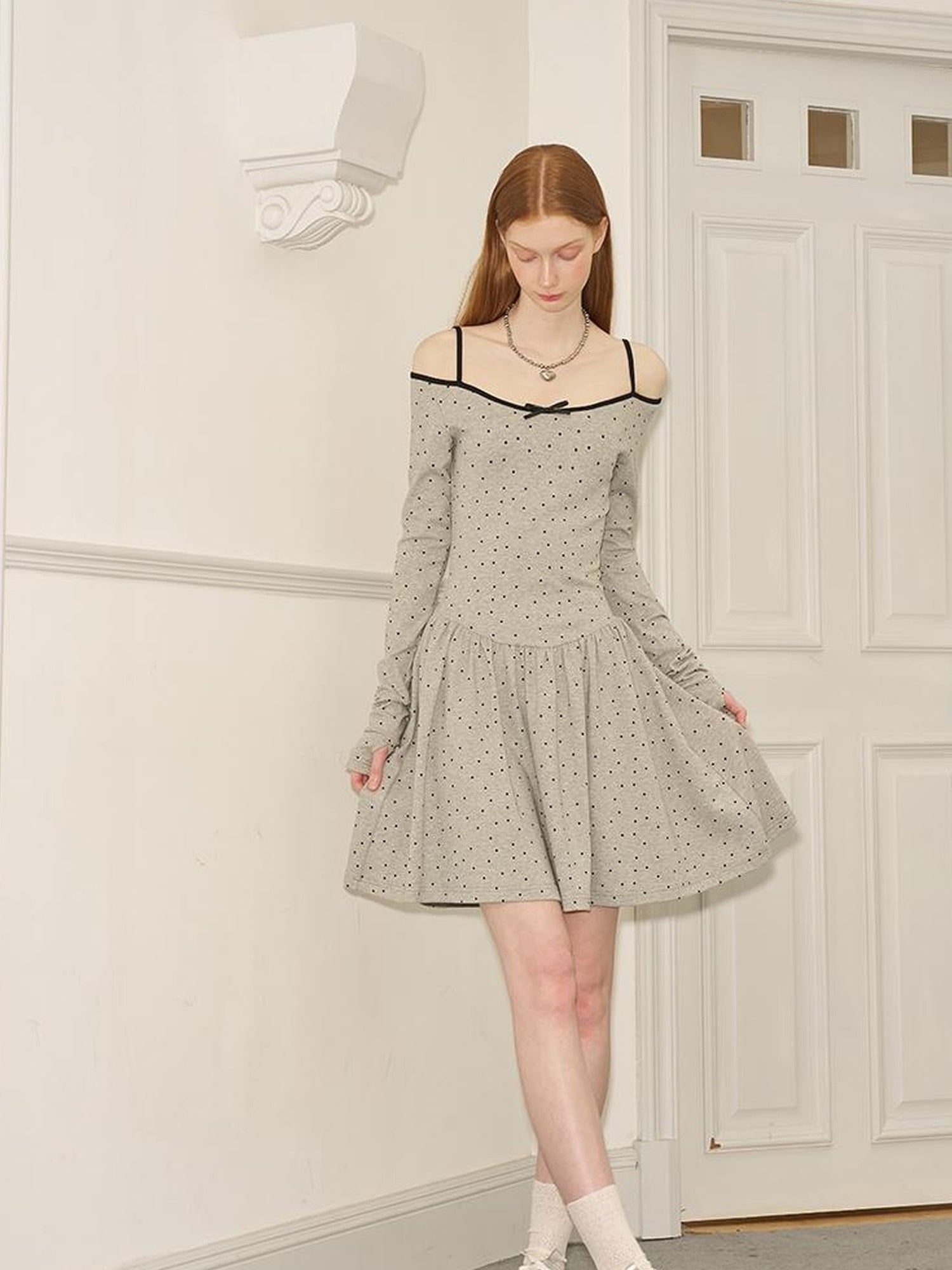 DIDDI MODA Butterfly Dot Colorblock Off Shoulder Knit Dress