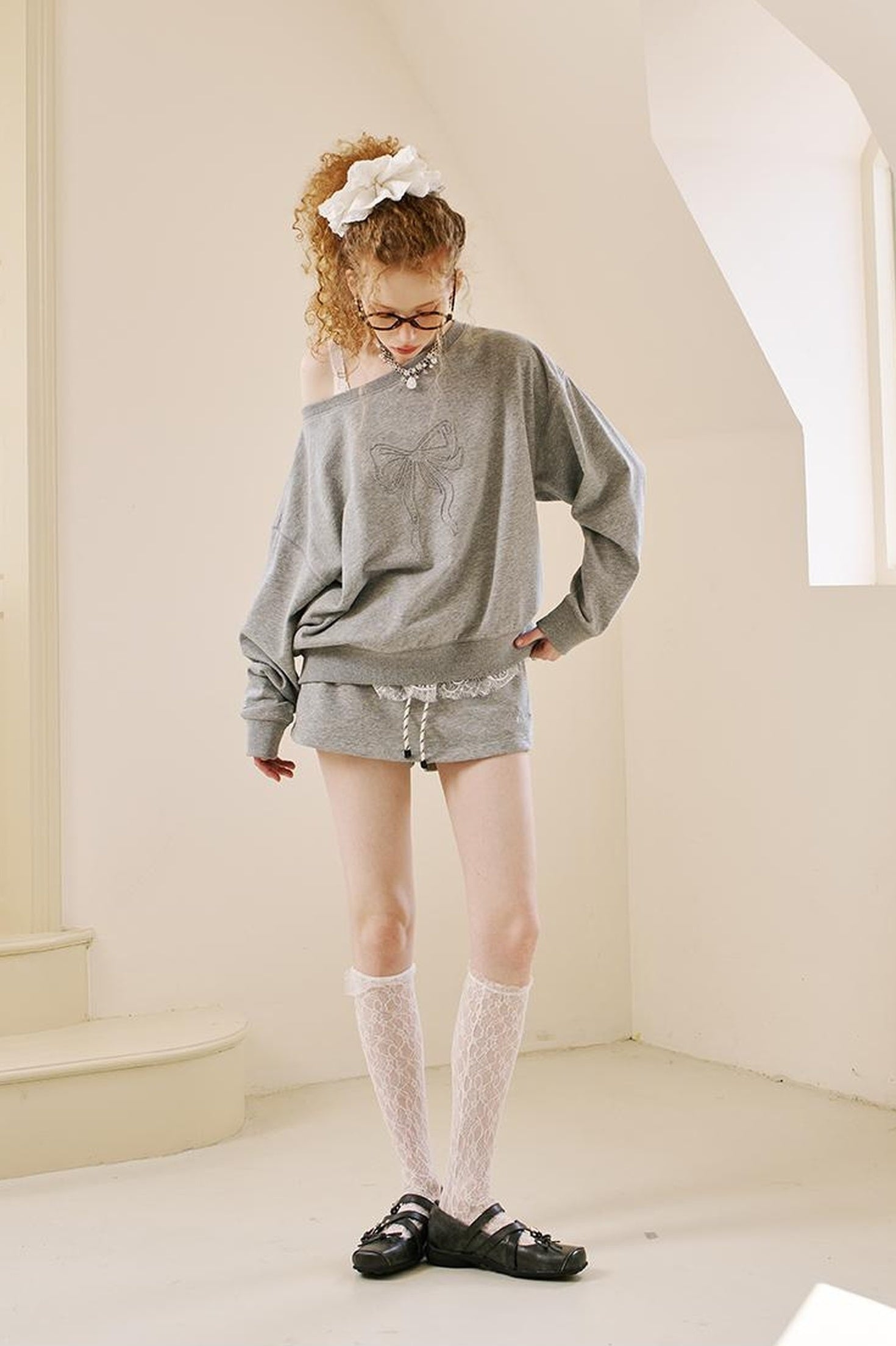 DIDDI MODA Butterfly Knot Off Shoulder A Line Shorts Set