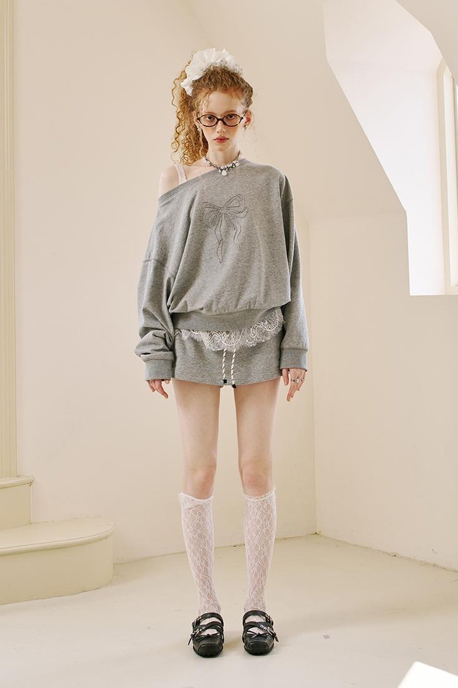 DIDDI MODA Butterfly Knot Off Shoulder A Line Shorts Set