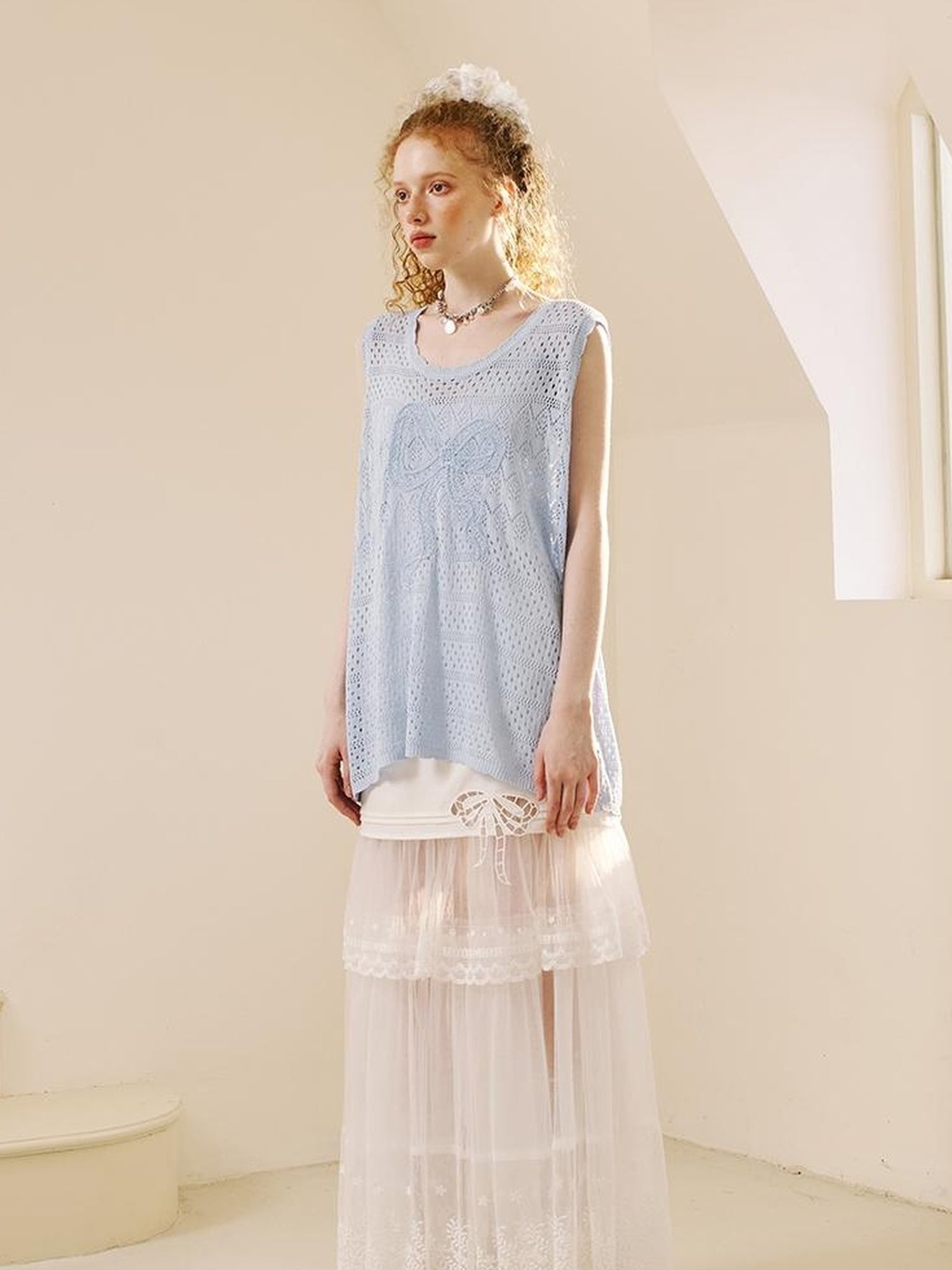 DIDDI MODA Butterfly Lace Hooded Knit Top Floral Mesh Skirt Set