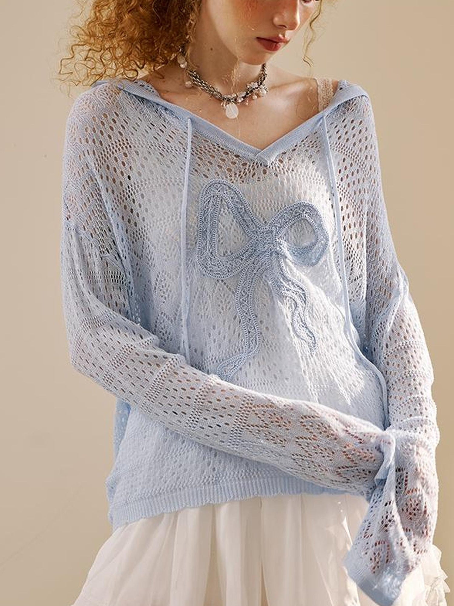 DIDDI MODA Butterfly Lace Hooded Knit Top Floral Mesh Skirt Set