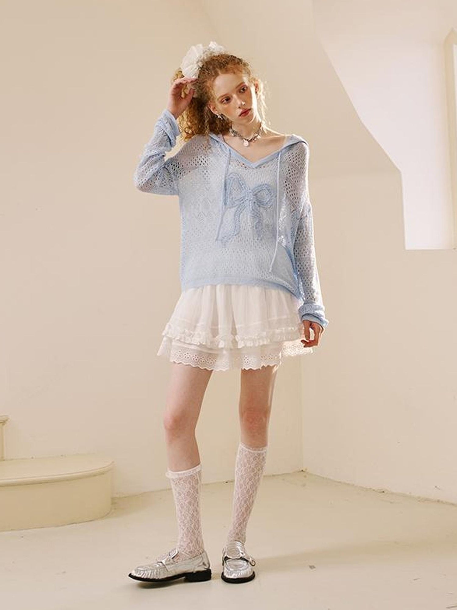 DIDDI MODA Butterfly Lace Hooded Knit Top Floral Mesh Skirt Set