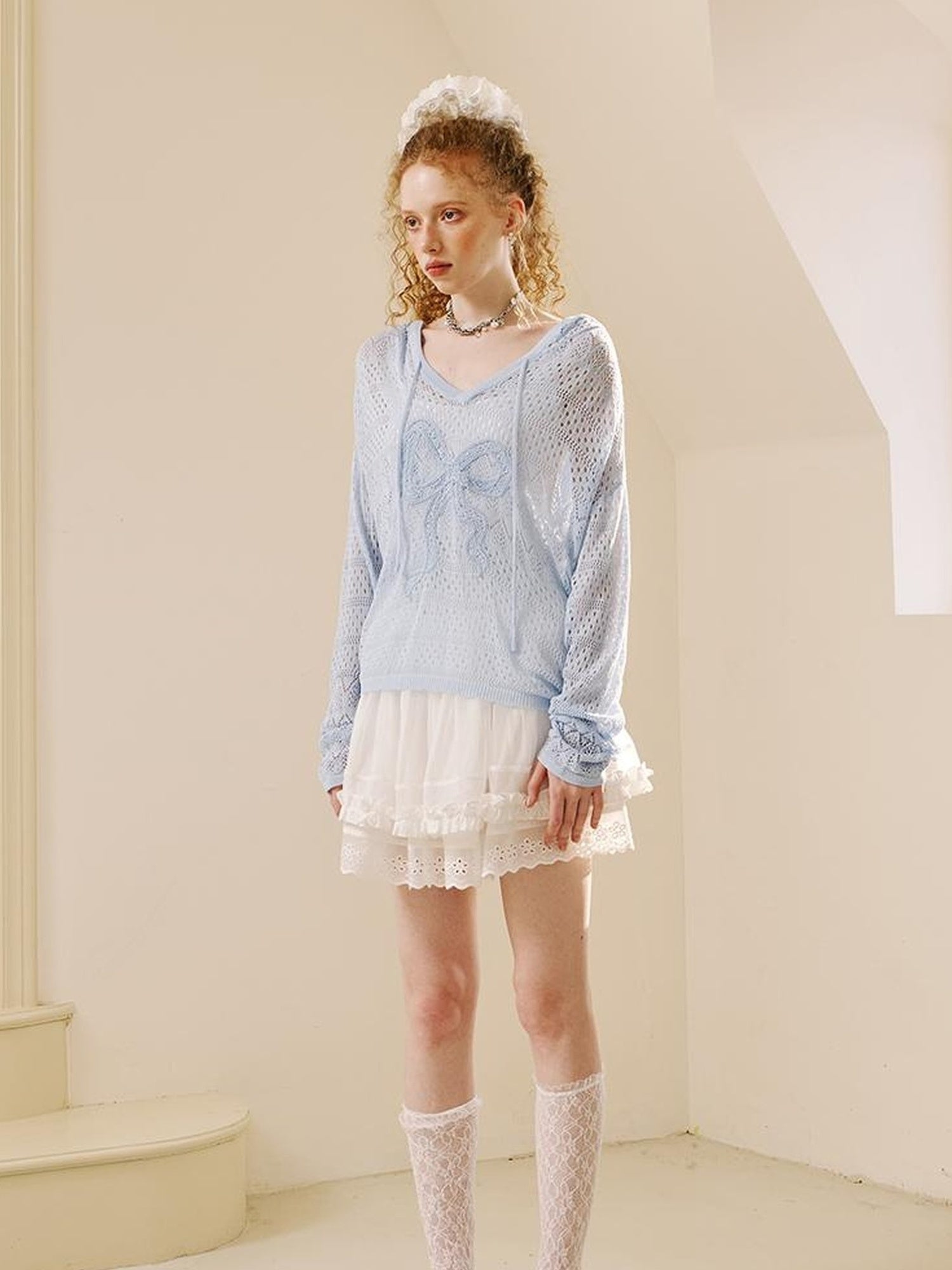 DIDDI MODA Butterfly Lace Hooded Knit Top Floral Mesh Skirt Set