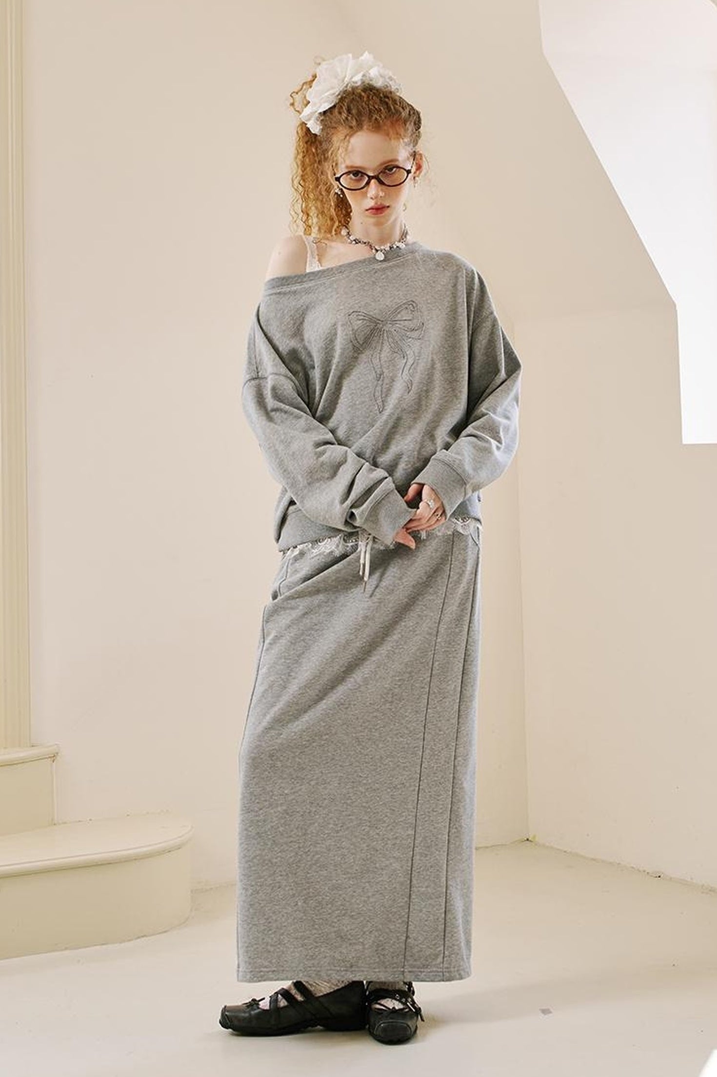 DIDDI MODA Butterfly Off Shoulder Split Hem Hoodie Jogger Skirt Set