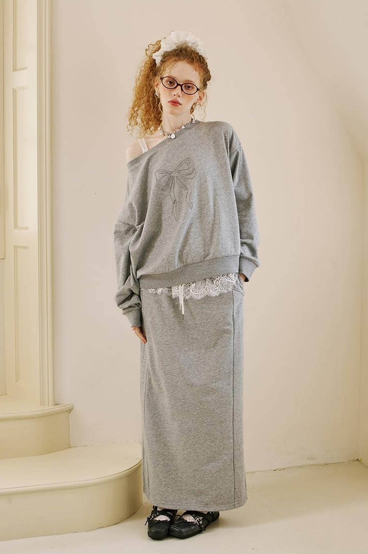 DIDDI MODA Butterfly Off Shoulder Split Hem Hoodie Jogger Skirt Set