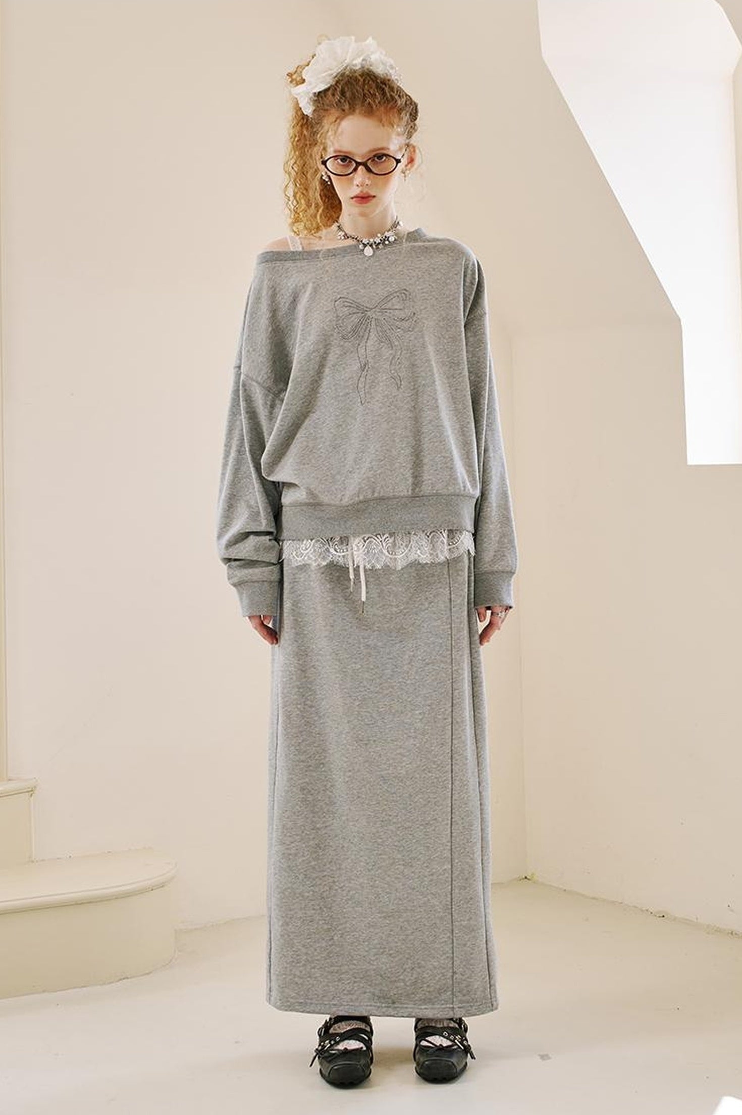 DIDDI MODA Butterfly Off Shoulder Split Hem Hoodie Jogger Skirt Set