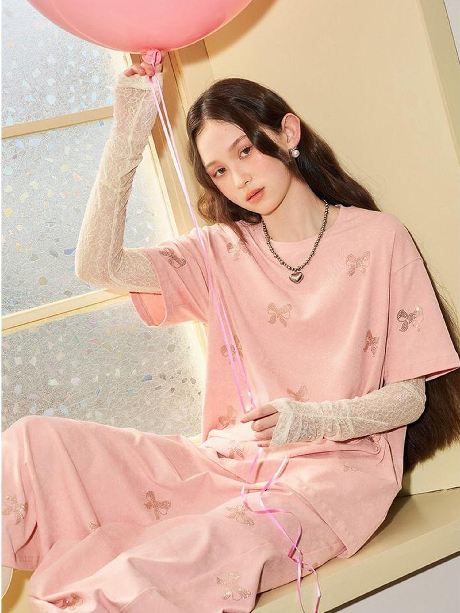 DIDDI MODA Butterfly Print Cotton Tee Slit Skirt Set